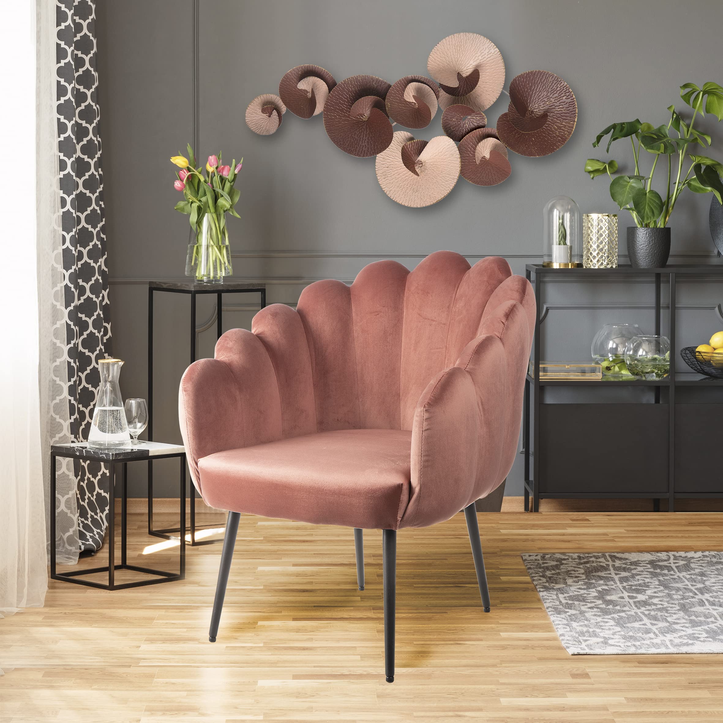 Baroni Home Poltrona Imbottita con Schienale a Conchiglia in Velluto con Gambe Oro in Ferro, Poltroncina per Soggiorno o Camera da letto Super Confortevole, 67X64X77cm (Cipria Gambe Nere)