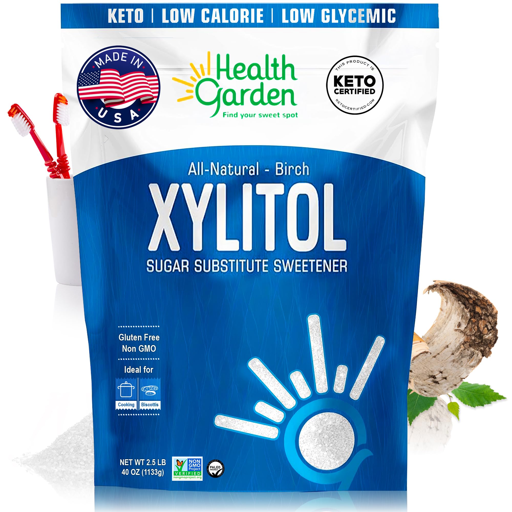 Birch Xylitol Sweetener - Non GMO - Kosher - Made in the U.S.A. - Keto Friendly (2.5 LB)