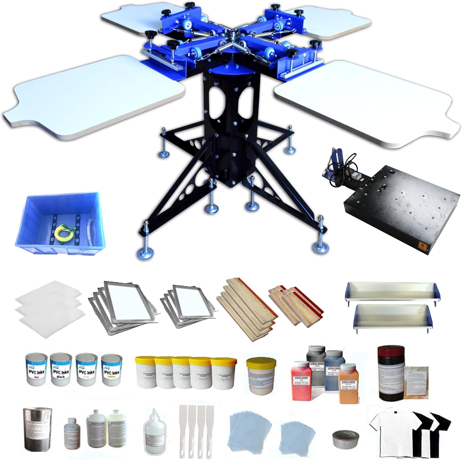 TECHTONGDA 4 Color 4 Station Screen Printing Press Kit with Flash Dryer Washout Tank Squeegee Mesh Frame Accessories