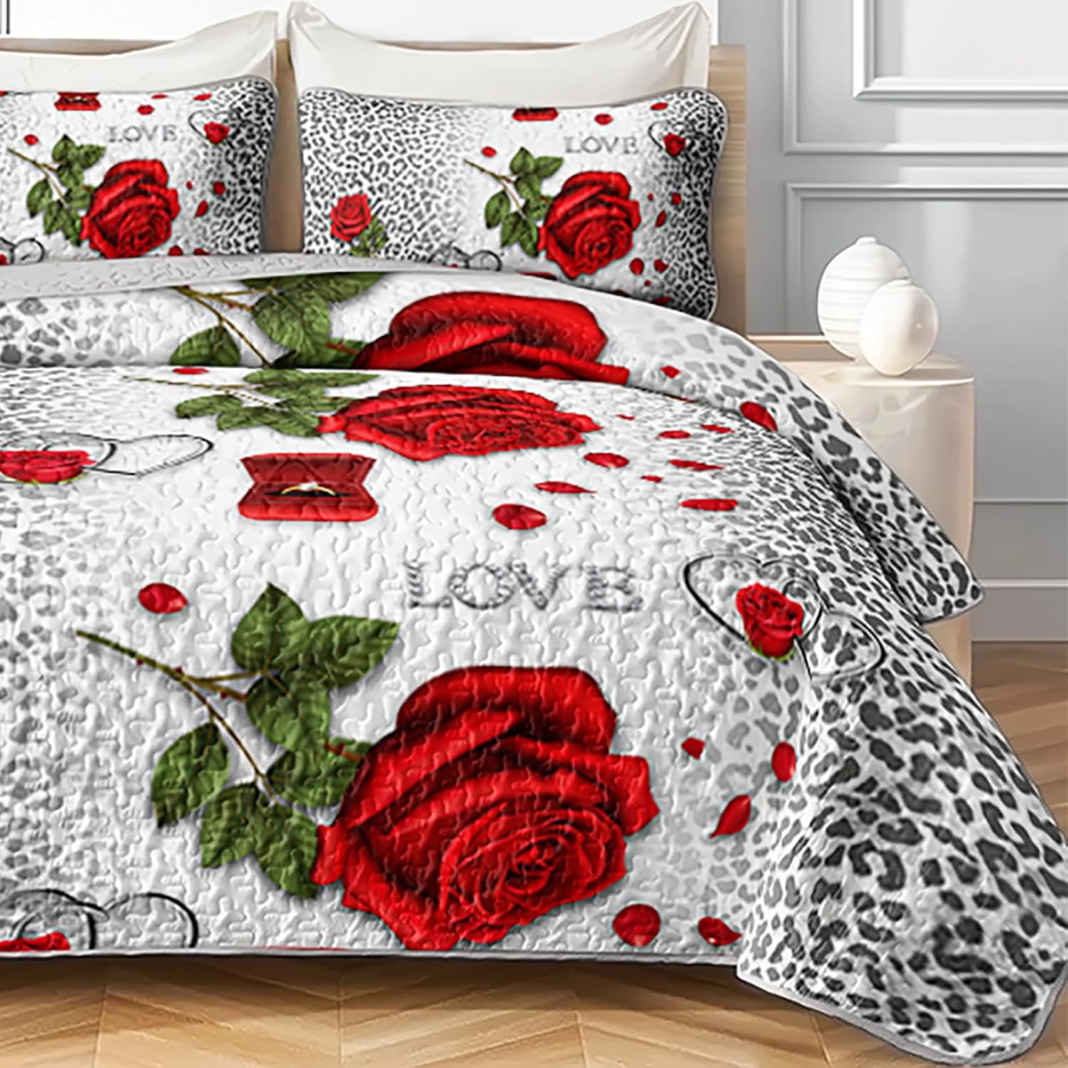 AILONEN Red Rose Flower Quilt Bedding Set King Size - Black White Leopard Print Bedspread Coverlet 3Pcs,Romantic Couple Quilt,2 Pillowcases