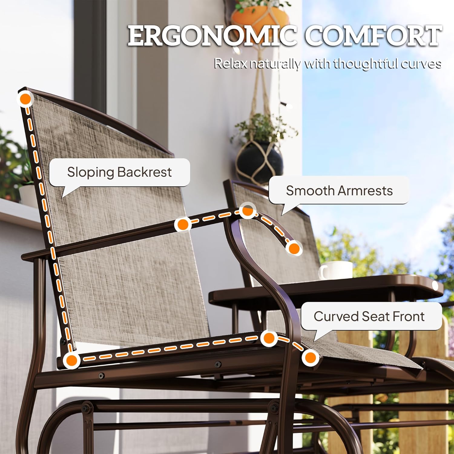 Outsunny Outdoor Glider Bench with Center Table, Metal Frame Patio Loveseat with Breathable Mesh Fabric and Armrests for Backyard Garden Porch, Brown