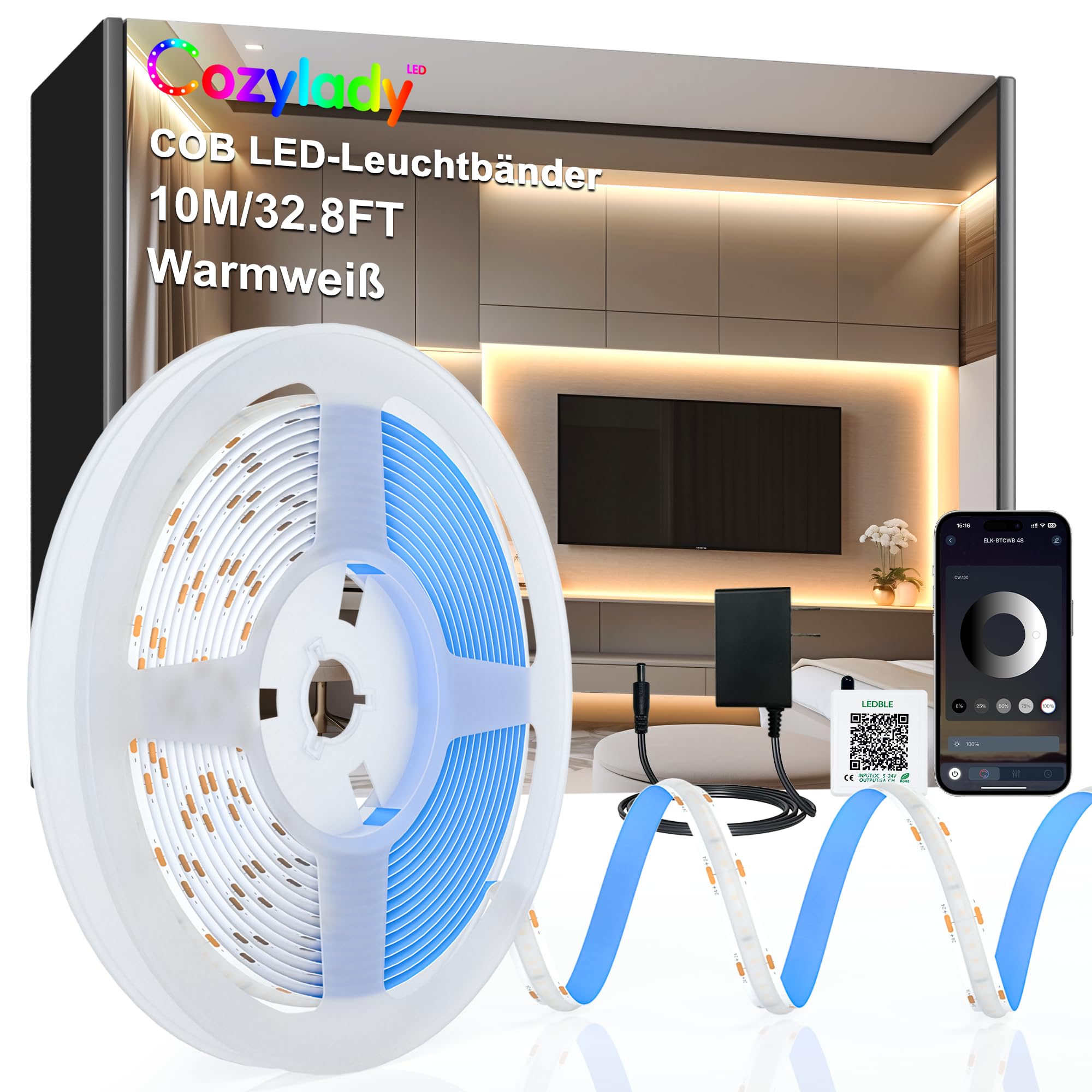 Cozylady COB LED-Streifen, LED-Lichtband 3000K-6000K, 5V-24V dimmbare LED-Leiste, mit Fernbedienung und Stromversorgung, geeignet für die Innendekoration zu Hause, Küche, Spiegel. (Wärmeweiß, 5m)