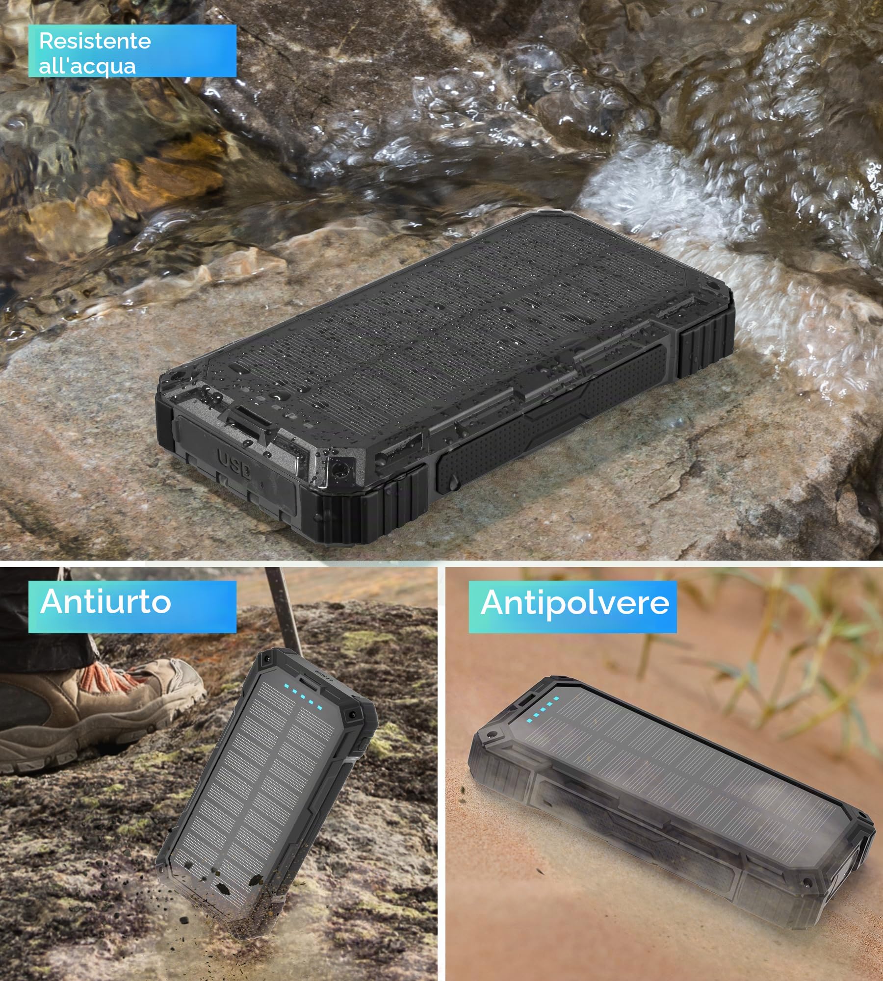 Power Bank Solare 56800mAh: 30W PD 3.0 A USB C Powerbank Ricarica Rapida con 4 Cavi, 6 Uscita & 4 Ingresso, 15W Ricarica Wireless, Spie luminose a LED, Torcia, Caricatore Portatile con Smartphones