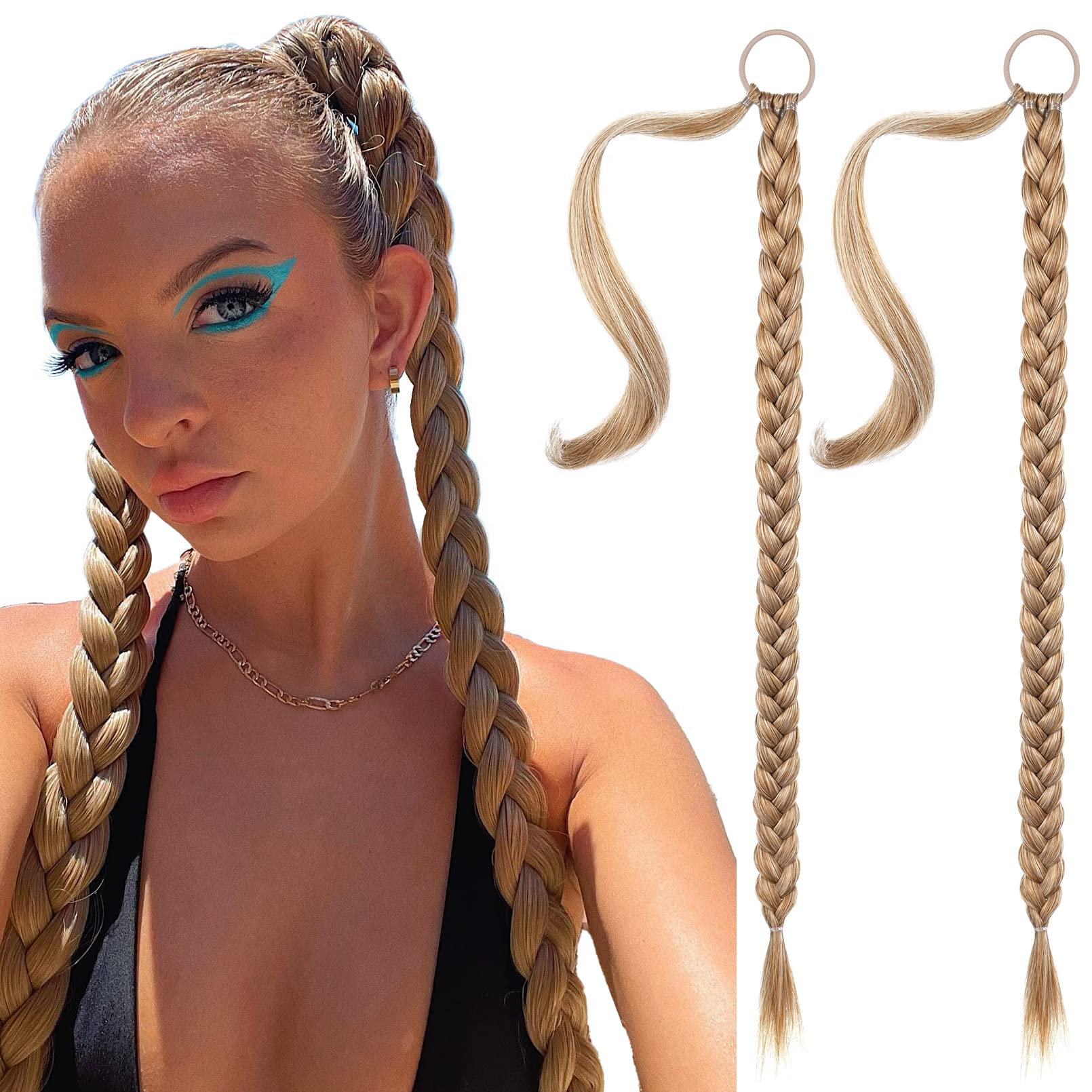 SEIKEA 2PCS Long Braid Ponytail Extension with Hair Tie Long Straight Wrap Around Hair Extensions Ponytail Natural Soft Synthetic Hair Piece Golden