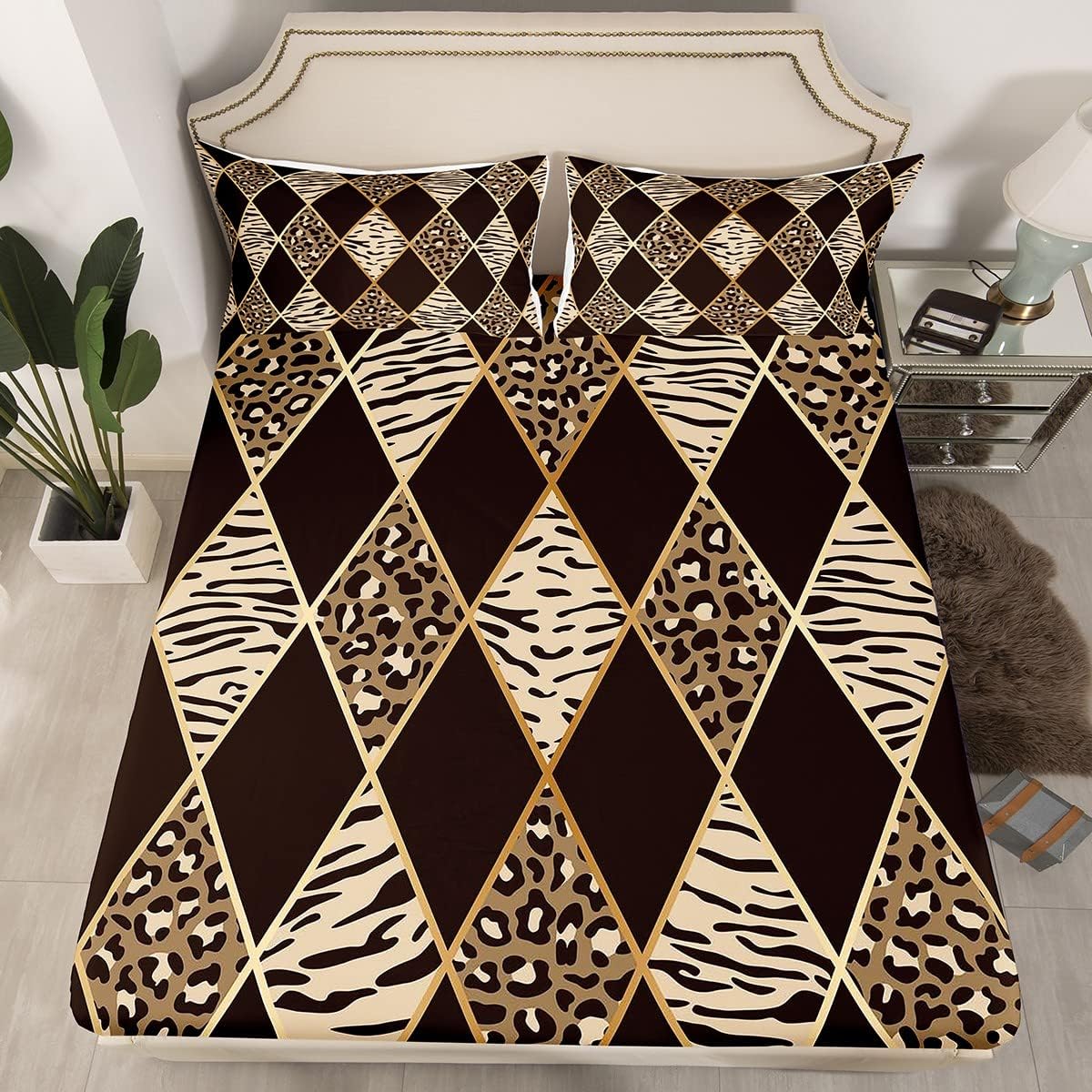 Erosebridal Safari Animal Print Sheets Cheetah Zebra Tiger Bed Sheets Giraffe Leopard Queen Size Sheet Set 4pcs Black Brown Gold Fitted Sheet, Geometric Patchwork Plaid Flat Sheet Luxury Bedroom Decor
