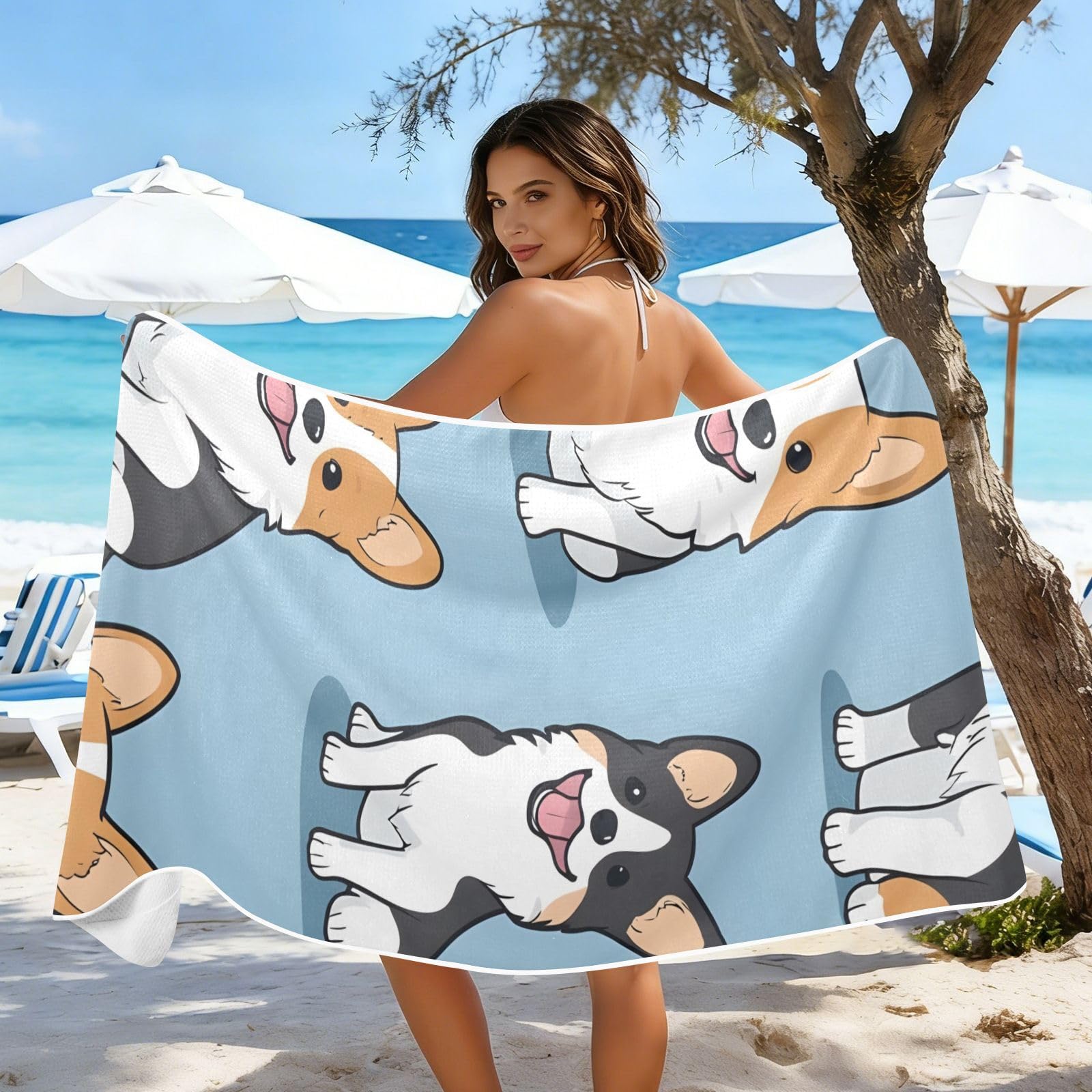 Toallas de playa grandes con bolsas de malla para adultos, toalla de baño con patrón de perros Corgi con cierre magnético, toalla absorbente de secado rápido para piscina, camping y viajes, 190
