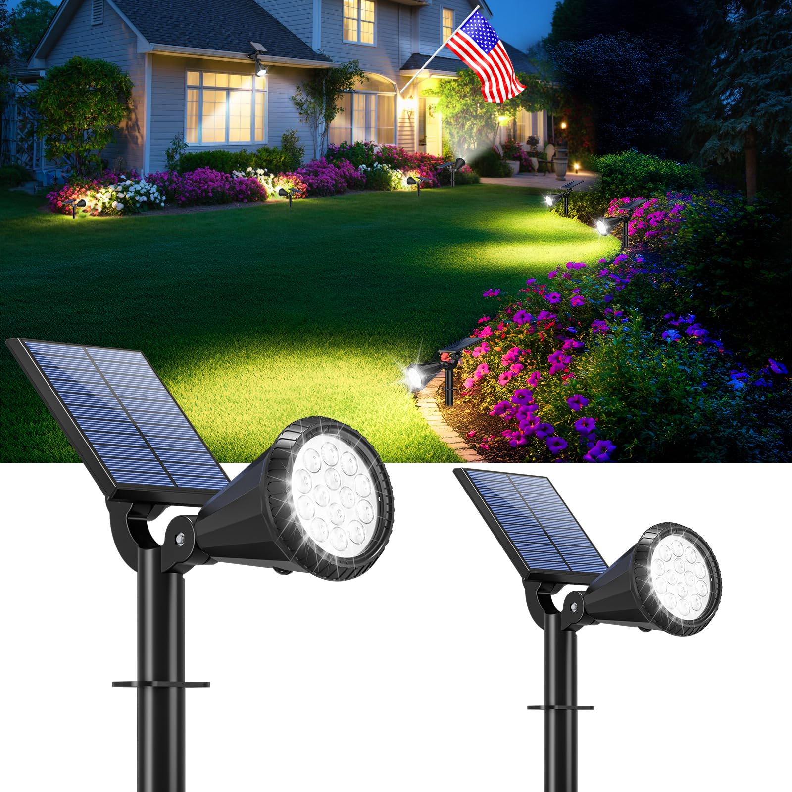 WELALO Solar Spot Lights Outdoor Waterproof for Flag, [2 Pack/4 Modes] Landscape Spotlights 180° Adjustable Solar Powered Lights for Walkway Pathway Tree Yard Garden Wall Driveway Statue Cool White