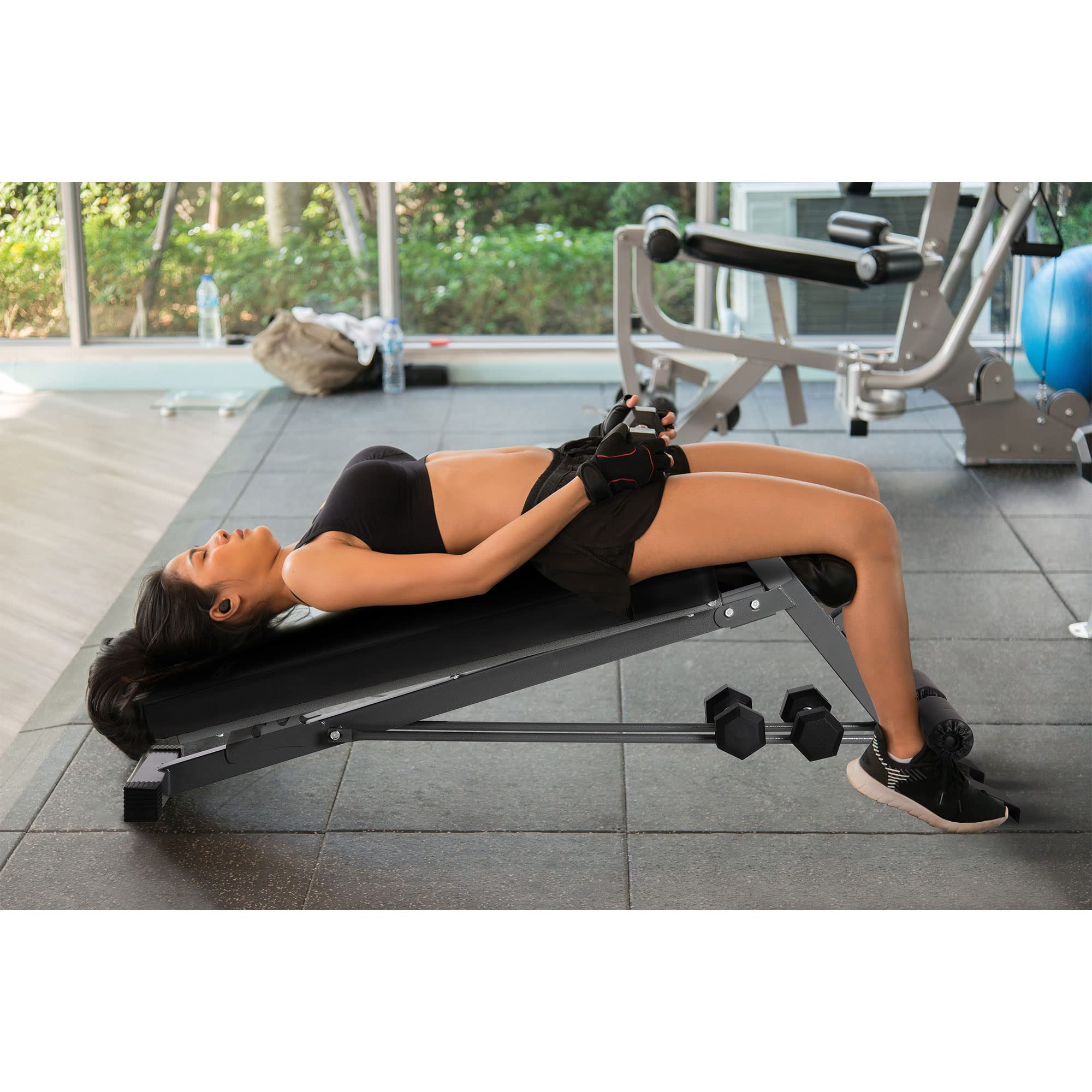 HolaHatha Banco multifuncional para ejercicios de entrenamiento de peso, inclinación, declinación y plano con asiento acolchado y rodillos de espuma para entrenamiento de cuerpo completo