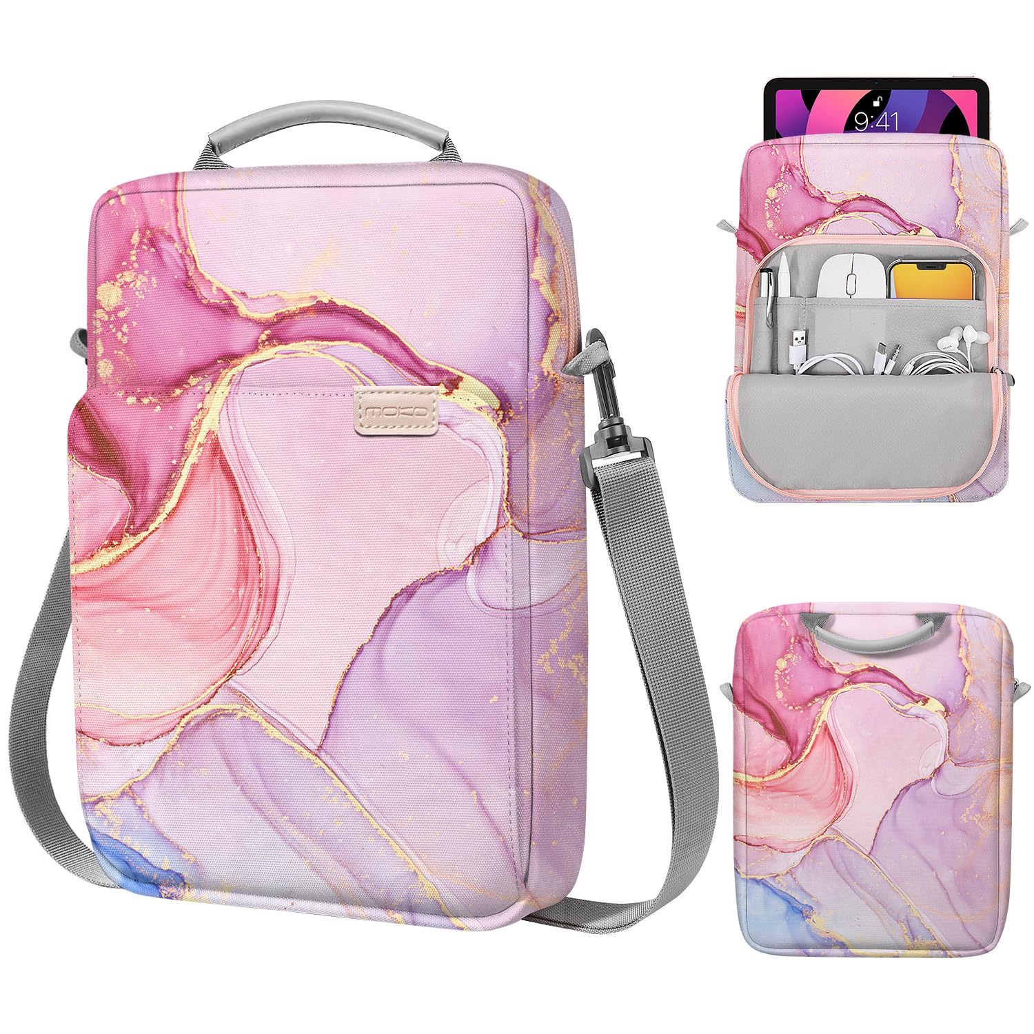 MoKo 9-11 pollici Tablet Sleeve Borsa Maniglia Custodia da trasporto con tracolla Adatto a 11 pollici iPad Air M3, iPad A16 2025, Pro 11", i-Pad 10/9/8/7th Gen, Tab S8/S9 11", Rosa nuvoloso