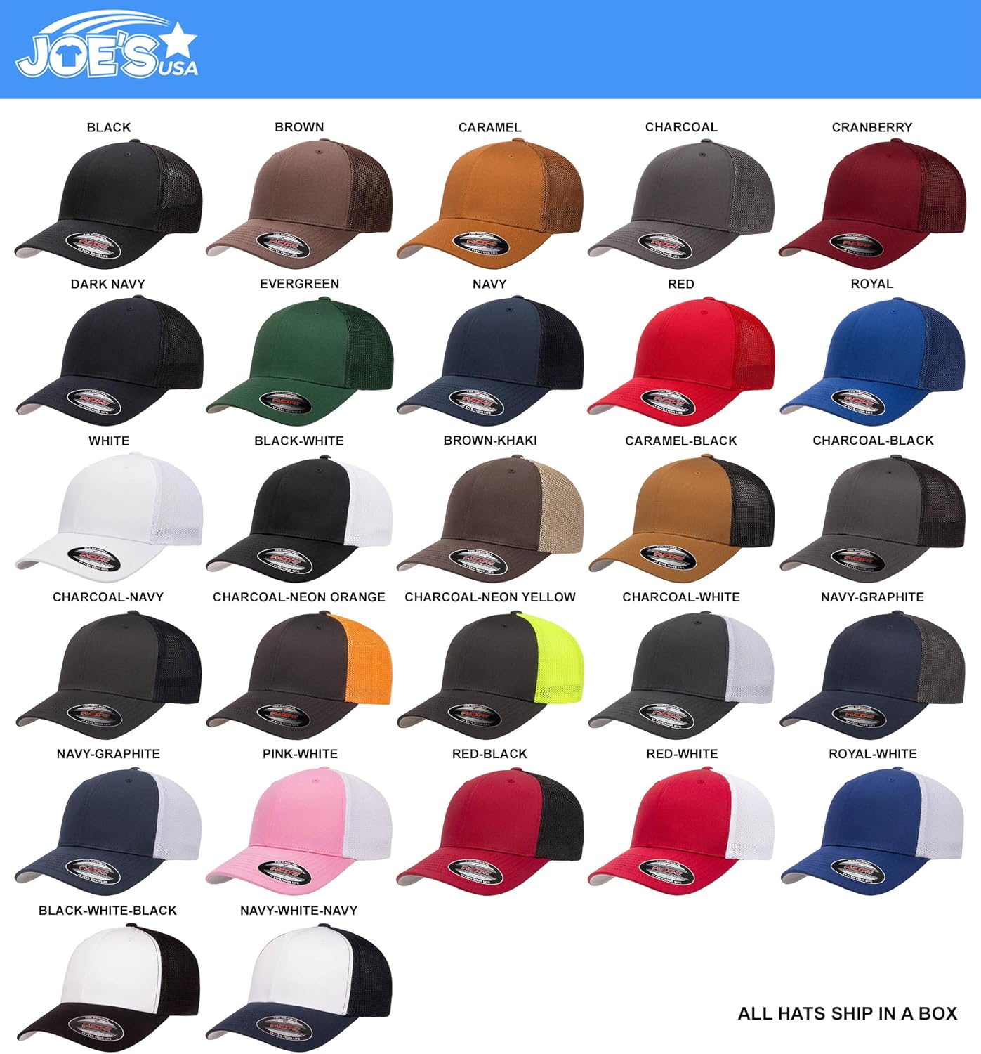 Joe's USA Flexfit 6511 Six Panel Fitted Mesh Trucker Hat - Blank Bulk Flexfit Caps