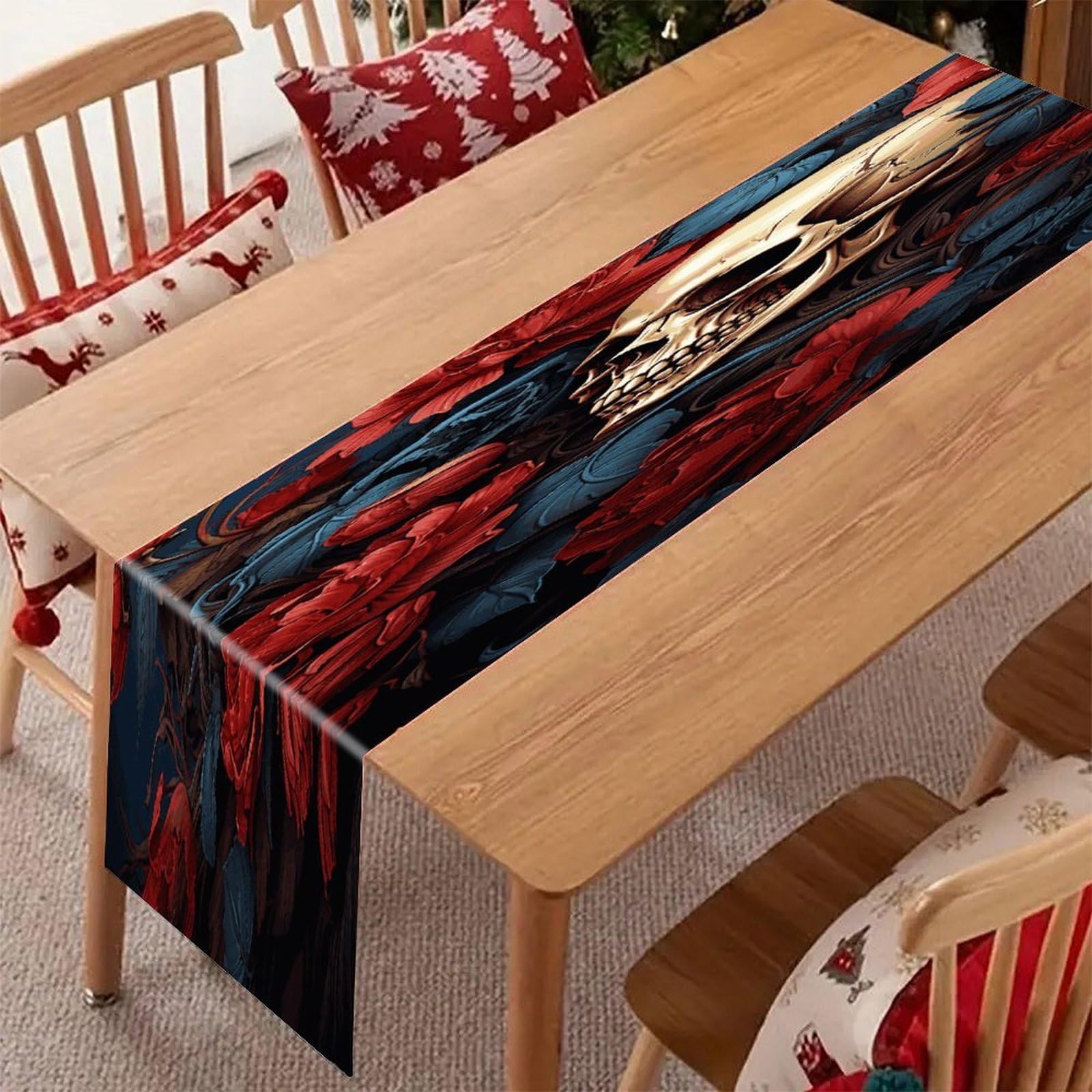 Adfgyerh Style Skull Image Poster Table Runner，Pure Linen Chambray ,Boho Table Runner，Heavy Duty Washable Fabric Decorations ，For Party Kitchen Dining Table Coffee Holiday Party Decor (12X70.87 Inches)