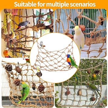 2 Packs Hanging Climbing Net Parrot, Swing Hammock for Birds with 8 PCS Hooks Cage Accessories Rope Ladder Small Animal Supplies Cockatiel Toys for Bird Hamster (50x 40cm)