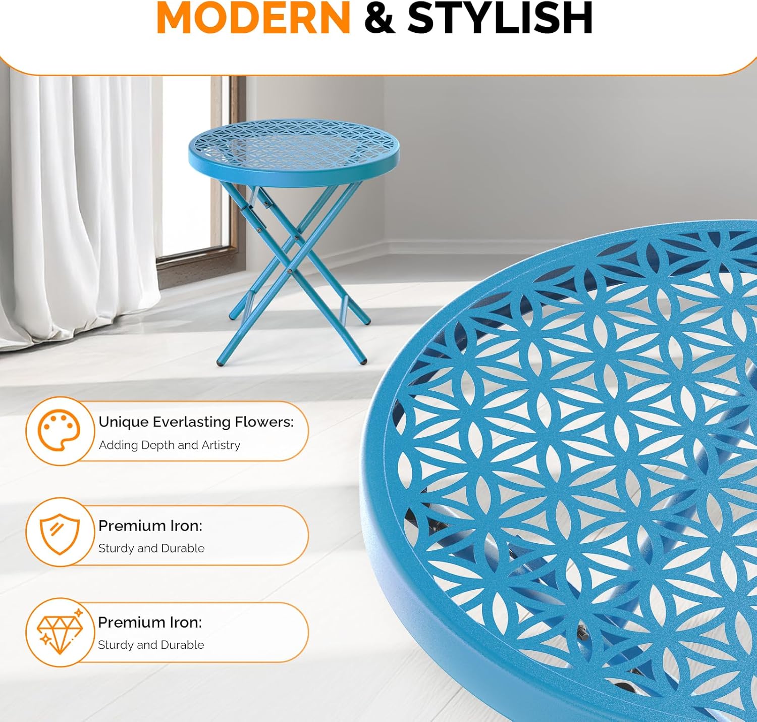 VINGLI Patio Folding Side Table, Small Outdoor Table with Everlasting Floral Pattern and Sturdy X-Shaped Metal Frame Ideal for Indoor & Outdoor Balcony, Porch, Backyard, Deck, Blue, 1 Pack