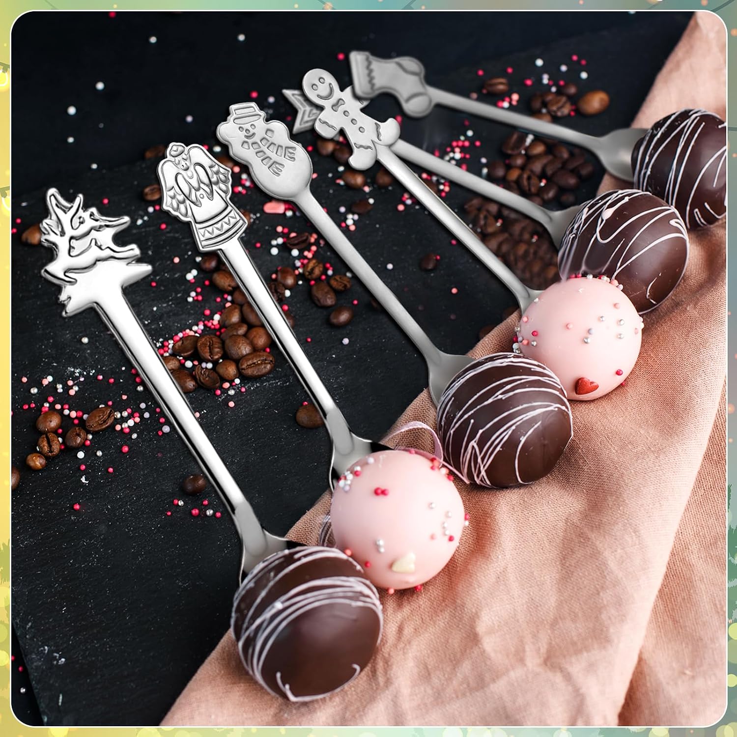 Potchen 24 Pcs Christmas Hot Chocolate Spoons Stainless Steel Tea Coffee Christmas Stirring Spoon for Dessert Cake Candy Mixing Baking Marshmallow Cocoa Bar Supplies(6 Style)