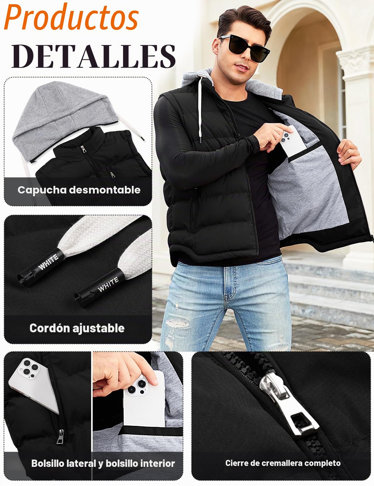 Vancavoo Chaleco Hombre Invierno Acolchado con Capucha Desmontable
