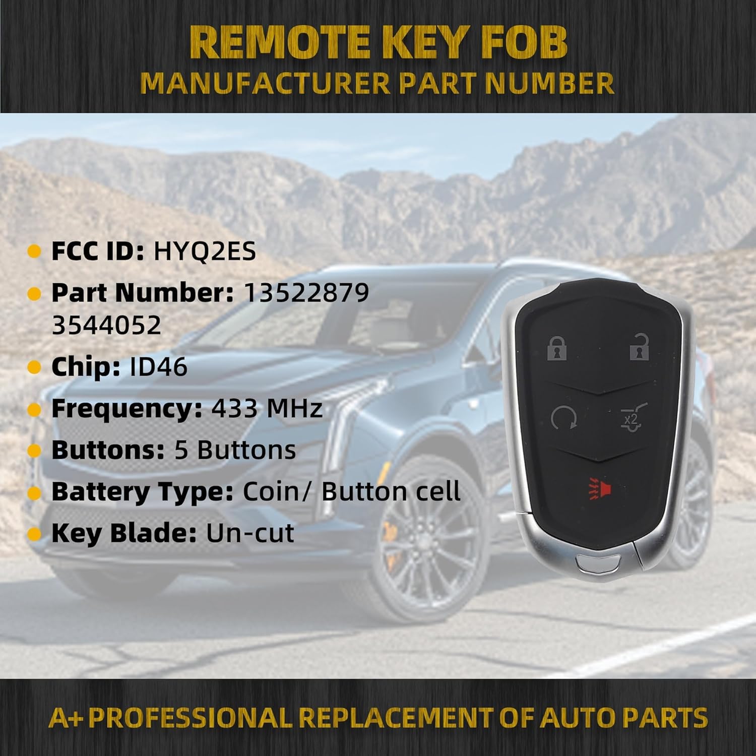 Dasbecan Key Fob Keyless Entry Compatible with Cadillac XT4 XT5 XT6 2020 2021 2022 2023 Smart Remote Control Replacement 5 Buttons Replace# FCC ID: HYQ2ES P/N:13522879 3544052 433 MHz