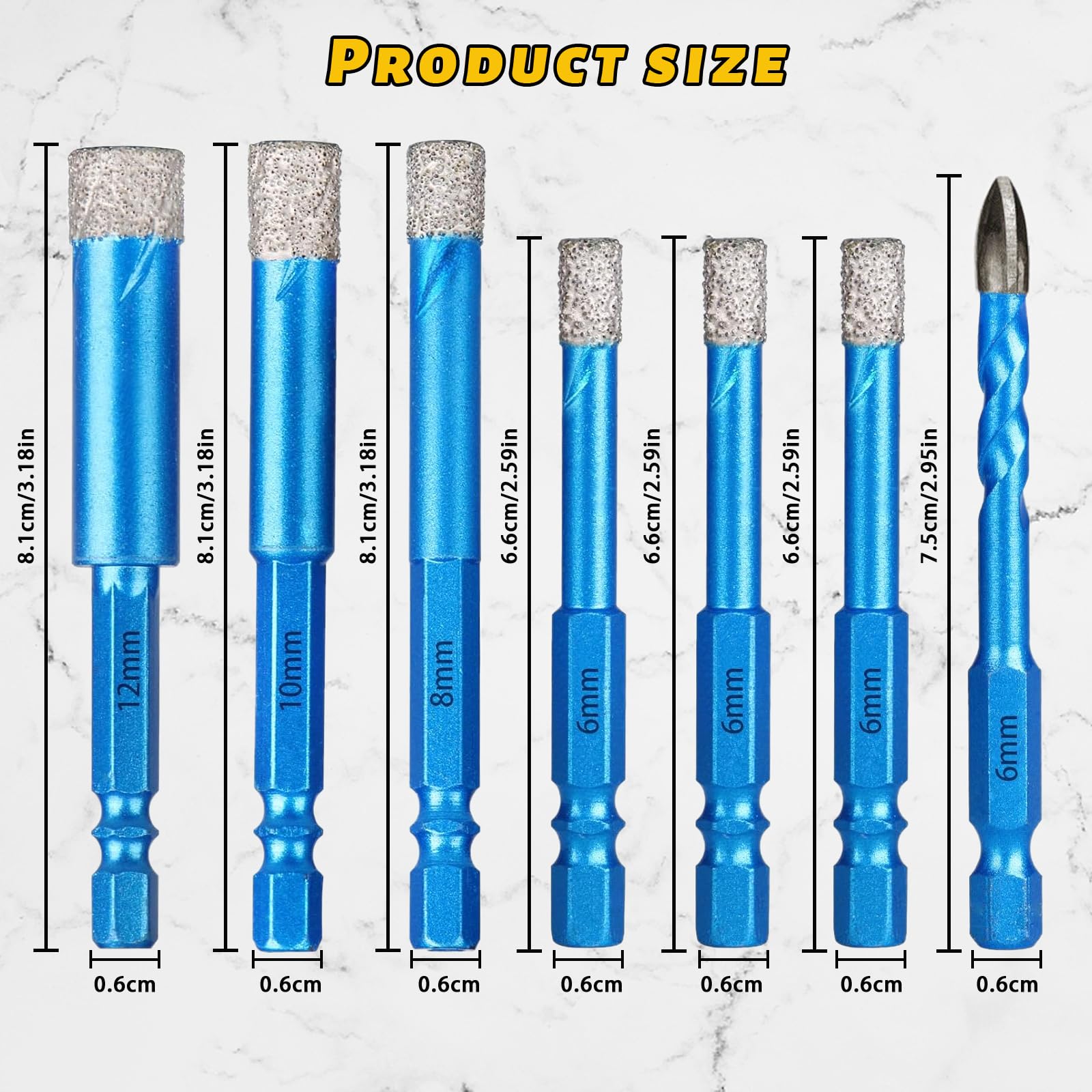 Foret Diamant - LARGEIGHT - 6 Mèches - Céramique, Verre, Granit - 5 à 12 Mm - Jaune - Bricolage