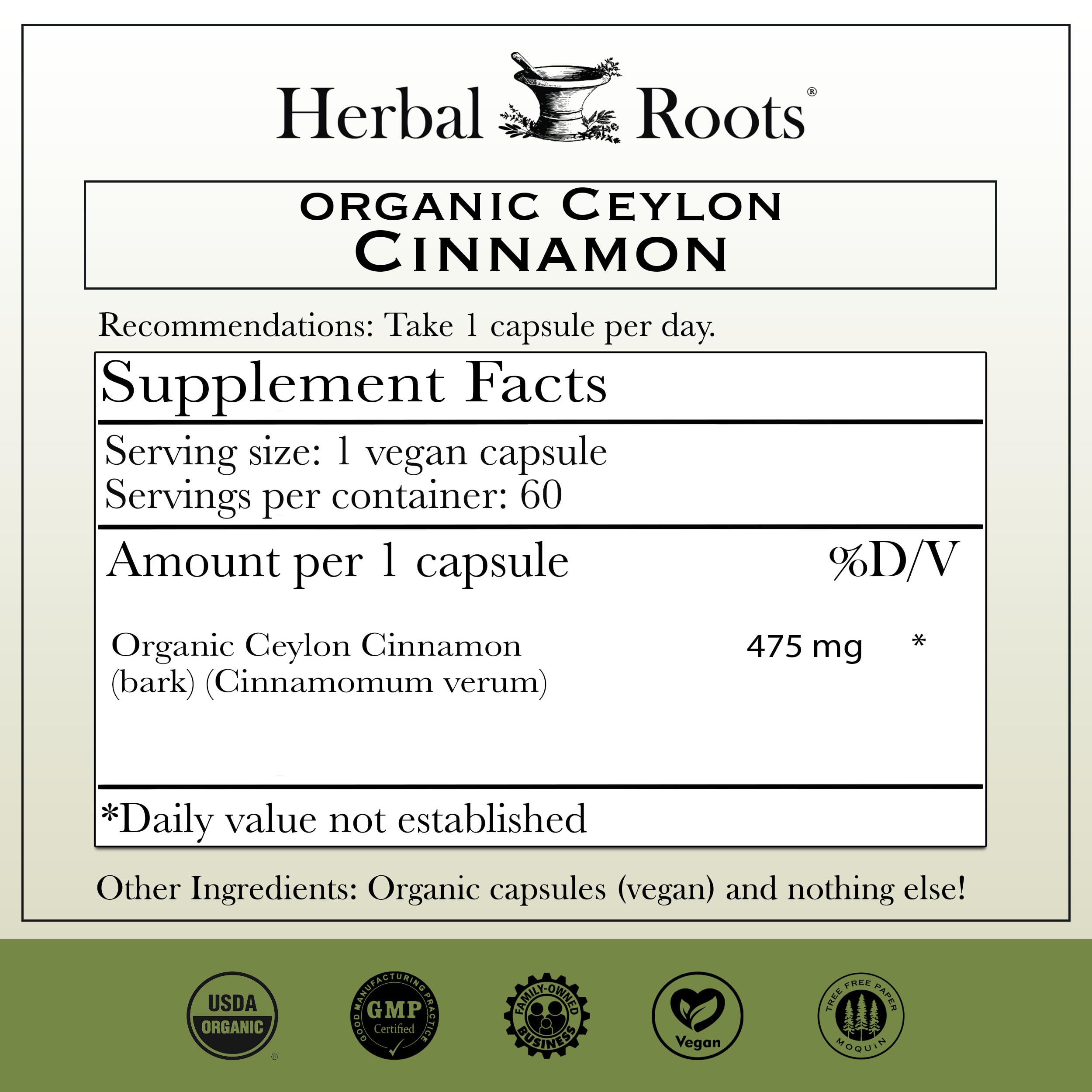 Herbal Roots Organic Ceylon Cinnamon Capsules, USDA Certified Organic, Circulatory Support, 60 Vegan Capsules — Amazon image 2