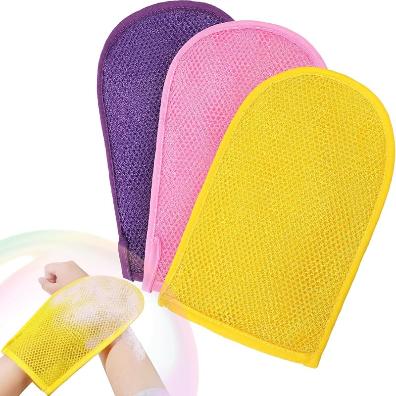 RIUOTA Conjunto com 3 luvas esfoliantes de malha africana para banho, rosa, amarela e roxa