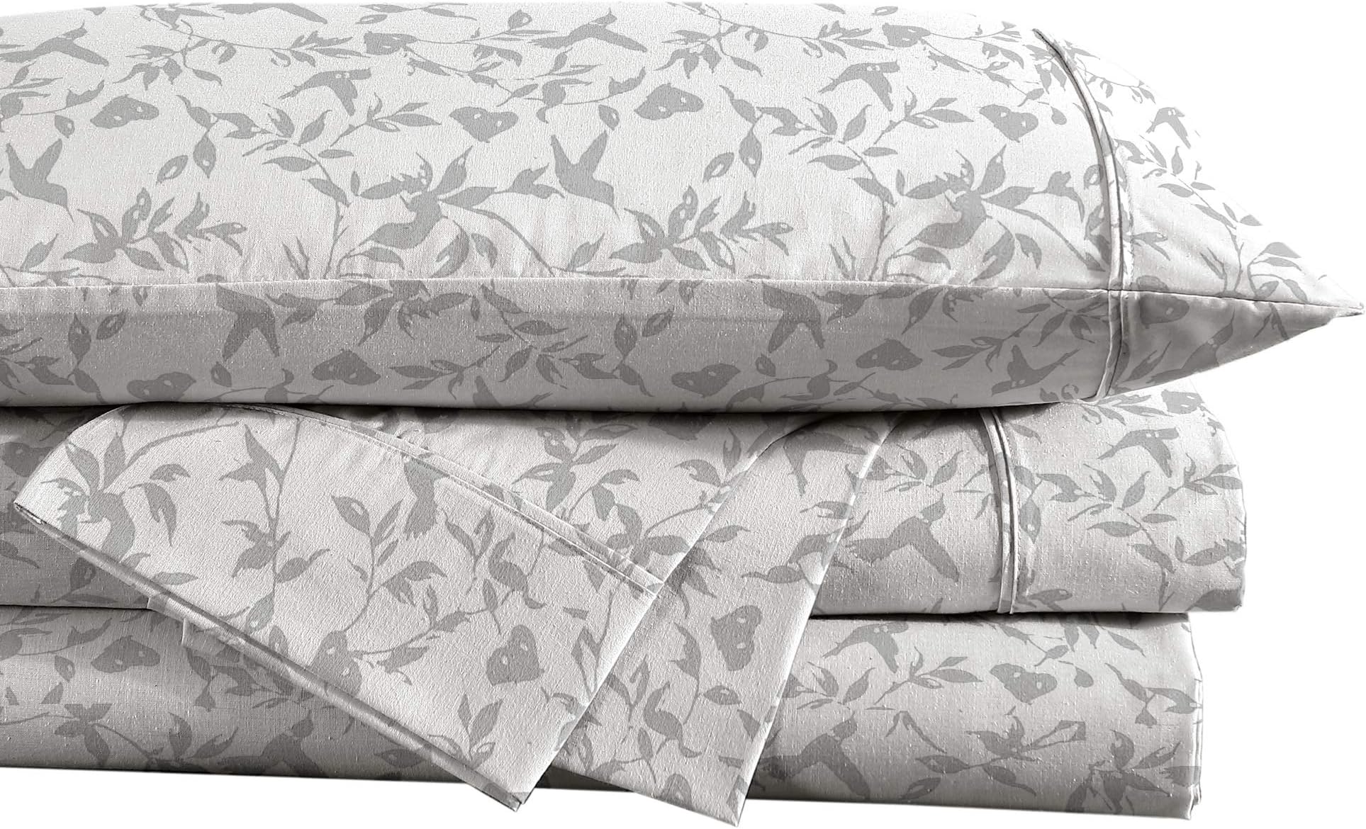 Reborn Recycled Fiber and BCI Cotton Percale Sheet Set, Arna Grey Birds, Queen