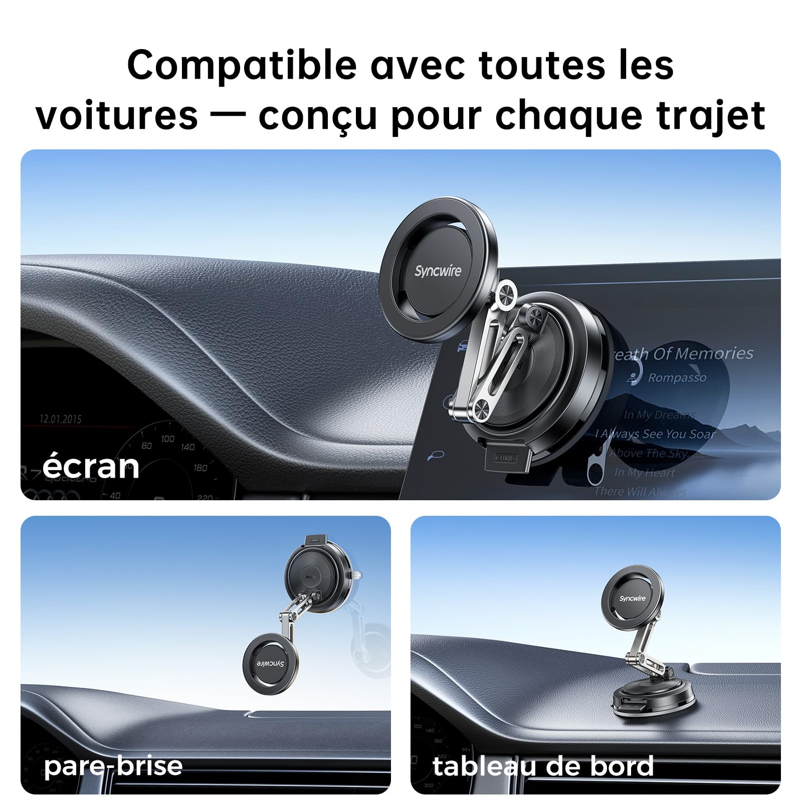 SYNCWIRE Support Téléphone Voiture Magnétique MagSafe, 3 Axes, Ventouse Remplaçable (Tableau De Bord/Pare-Brise), Rotation 360°, Pliable, Pour iPhone 17–12 Pro Max Plus