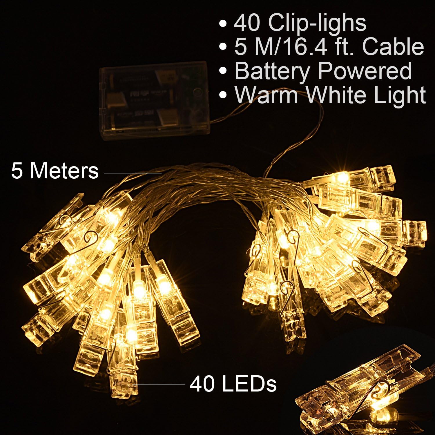 AOSTAR 40 LEDs Photo Clips String Lights (16.4ft, Warm White) Remote Control Fairy String Lights for Bedroom Hanging Photos, Cards and Artworks