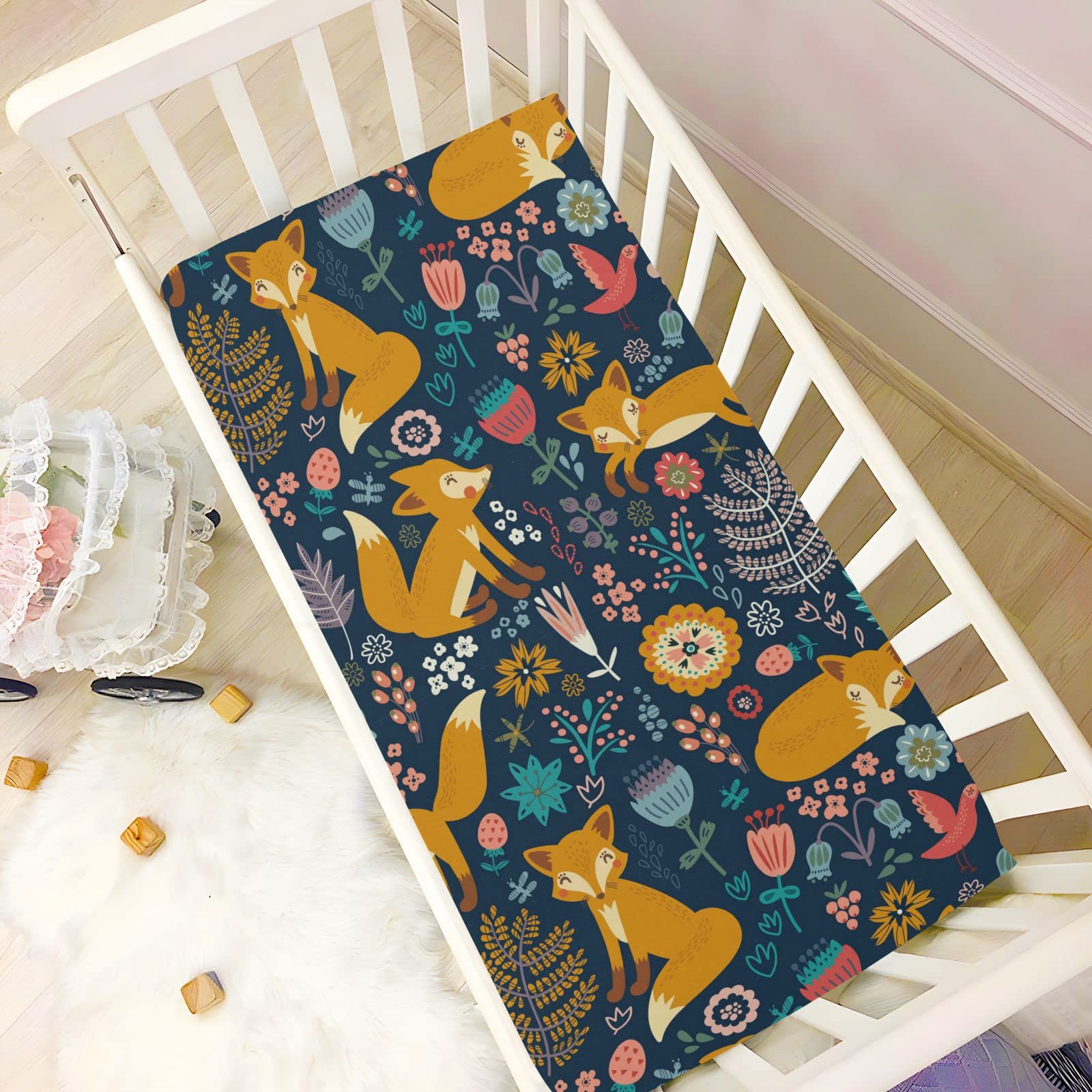 Spannbettlaken für Kinderbett, niedliches Fuchsmuster, weich, atmungsaktiv, pflegeleicht, Spannbetttuch für Babybett und Kinderbetten