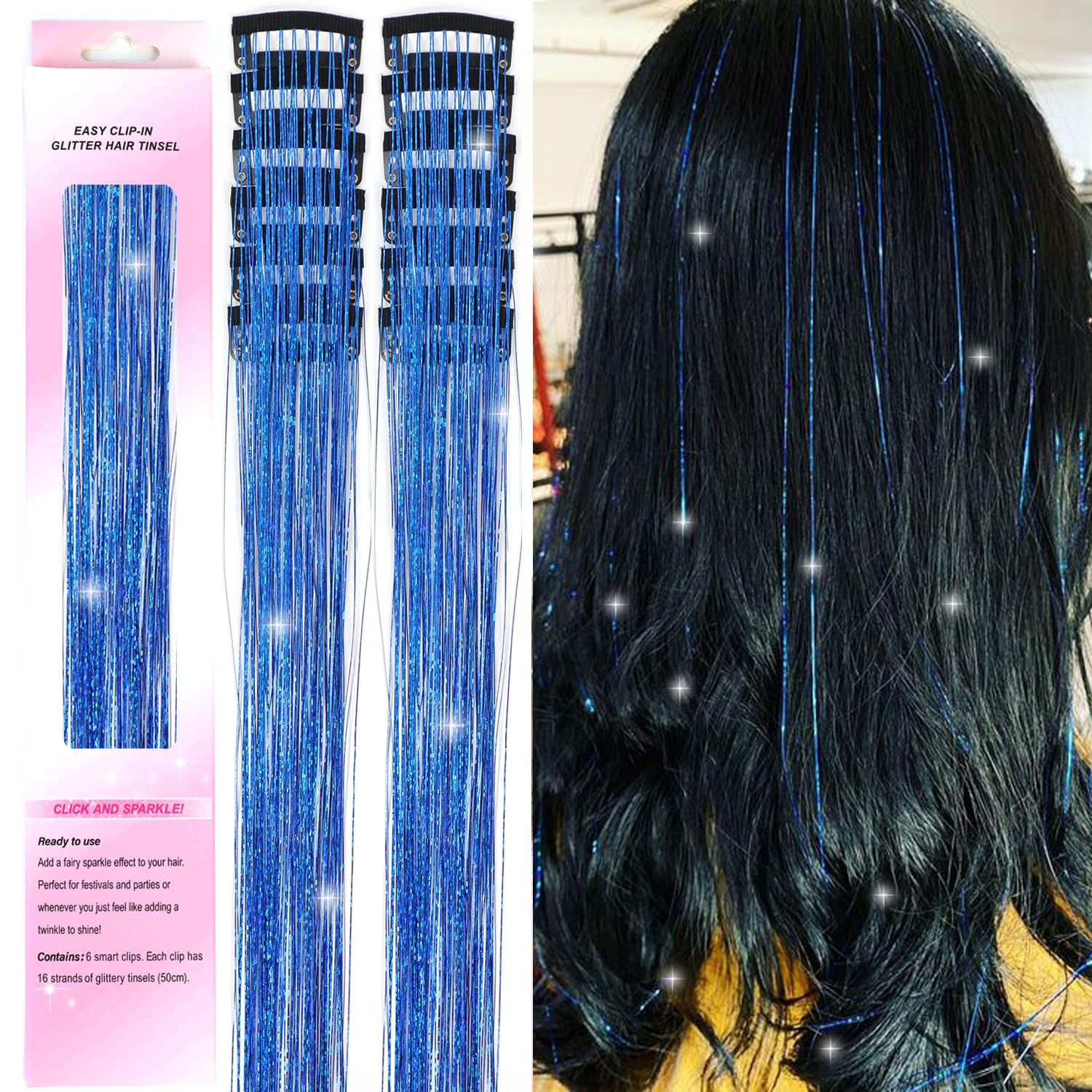 2Pcs Hair Tinsel Clip in Extensions - Glitter Sparkly Fairy Hair Accessories for Girls Women - Heat Resistant (2Pcs Blue)-image-37
