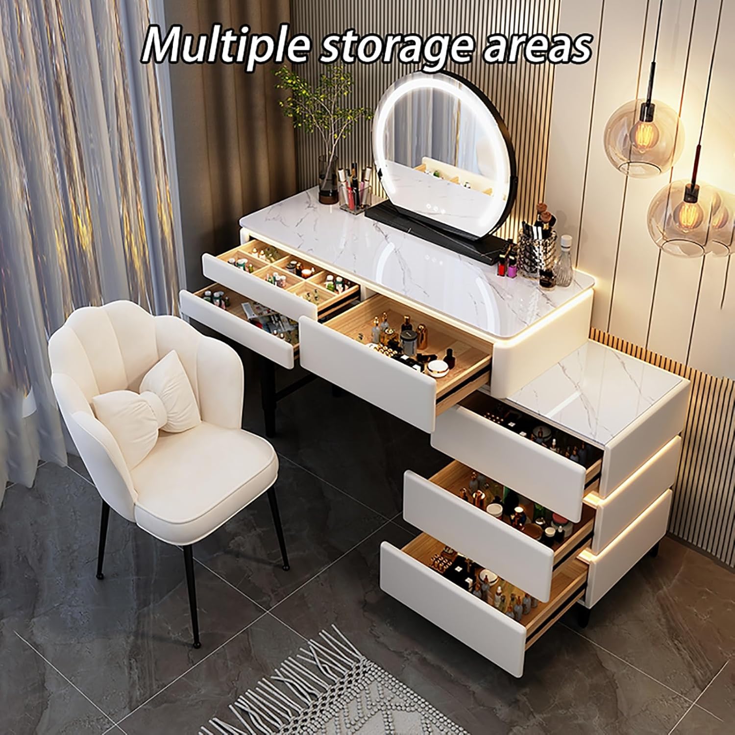 White Vanity with Mirror and Lights,Wooden Makeup Desk for Bedroom Dressing Room 6 Large Drawers and Cushioned Stool,Home Furniture Bedroom Makeup Vanity Table Stool Set ( Color : Pearl white , Size : 8 817DHXgY6fL. AC SL1500