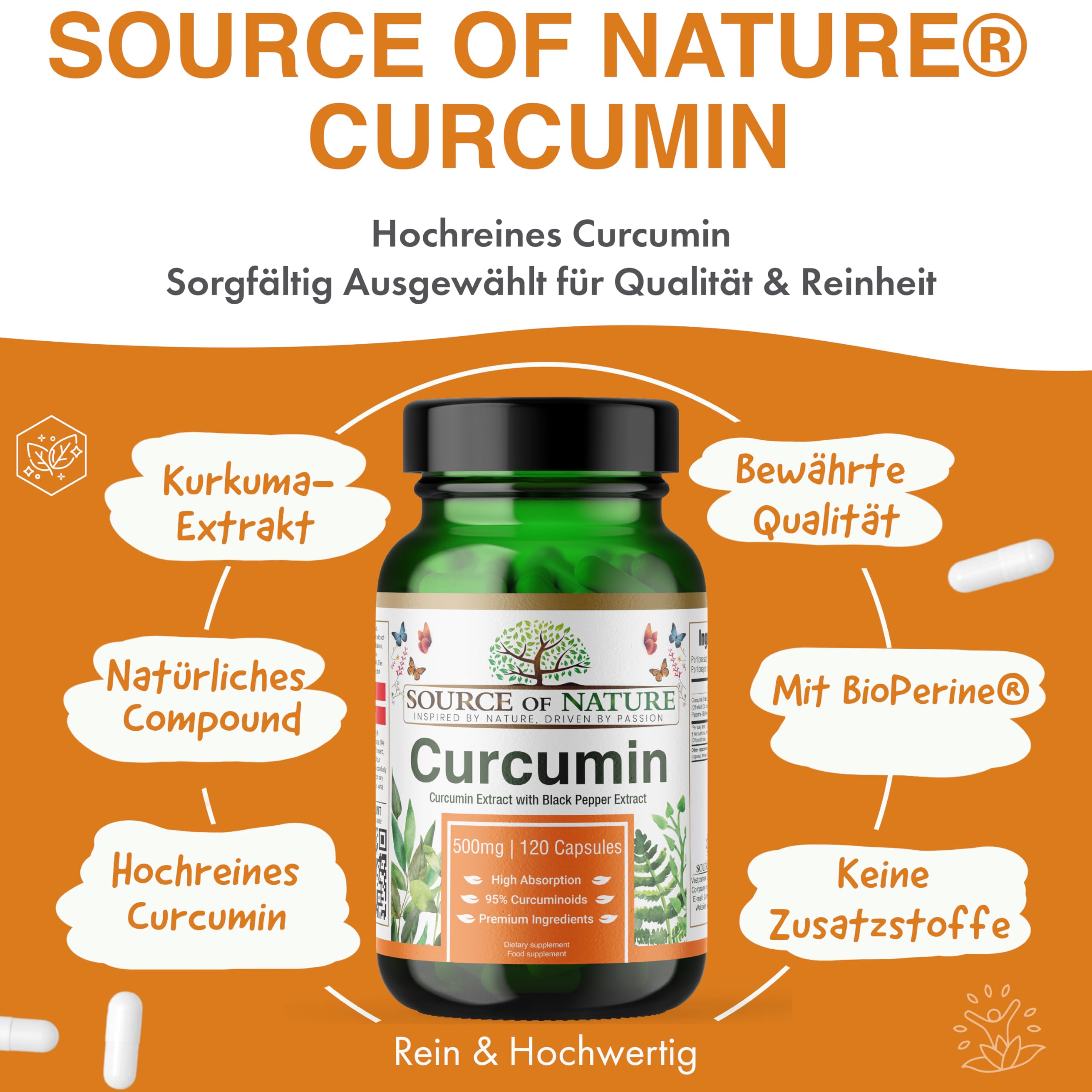 Source of Nature® | 500mg Kurkuma-Extrakt | 120 Kapseln | +95% Reine Curcuminoide | Hergestellt in der EU | Mit BioPerine® (Schwarzer Pfeffer-Extrakt) zur Absorption | Aus Kurkuma | Hochdosiert