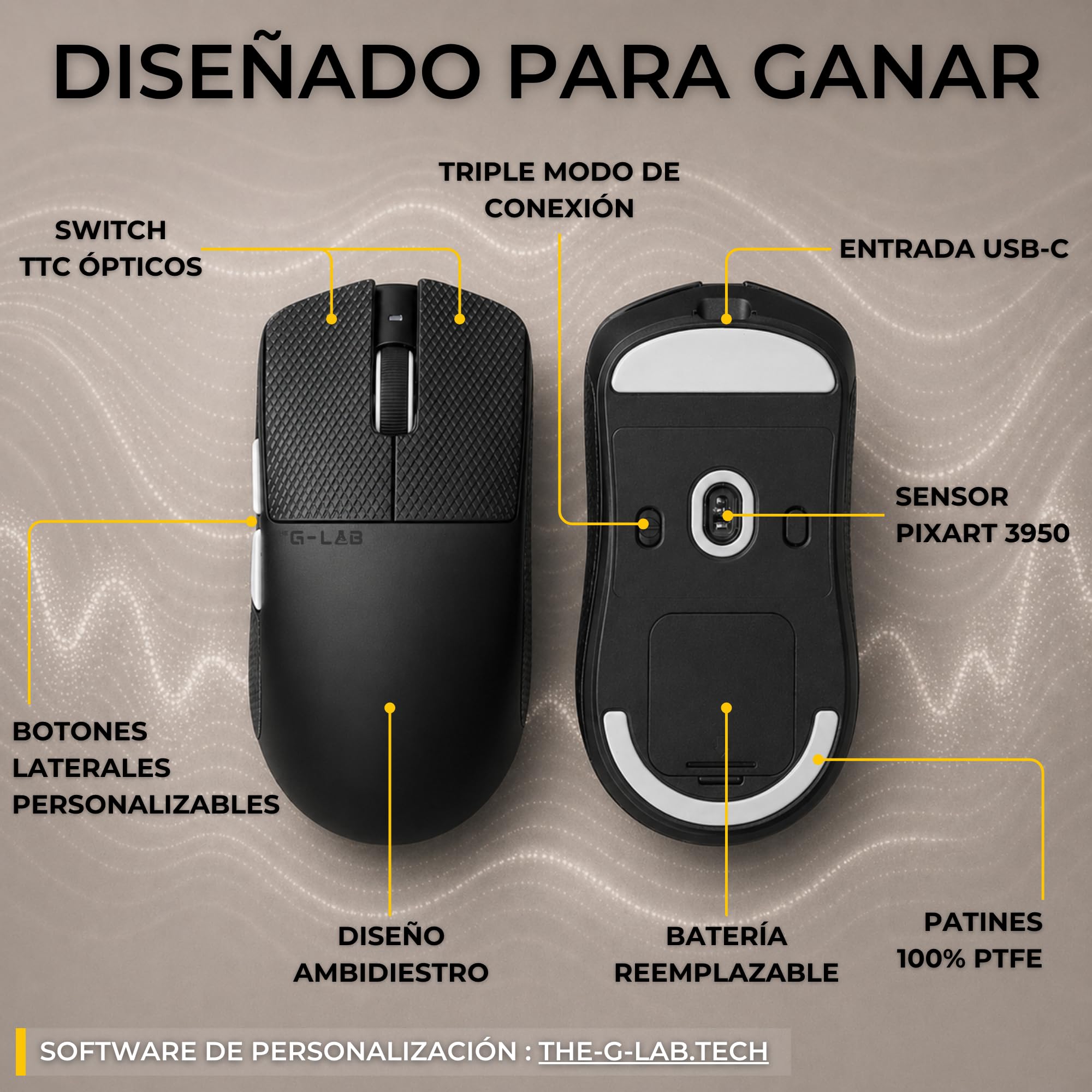 The G-Lab Kult Elite M150 - Raton Gaming Ultra Reactivo, Captor Óptico PixArt 3950, 30.000 DPI, 8.000 Hz, Patines PTFE - Raton inalambrico Triple Modo 2.4 GHz/BT/Cable con Software, 2 Baterías y Grips