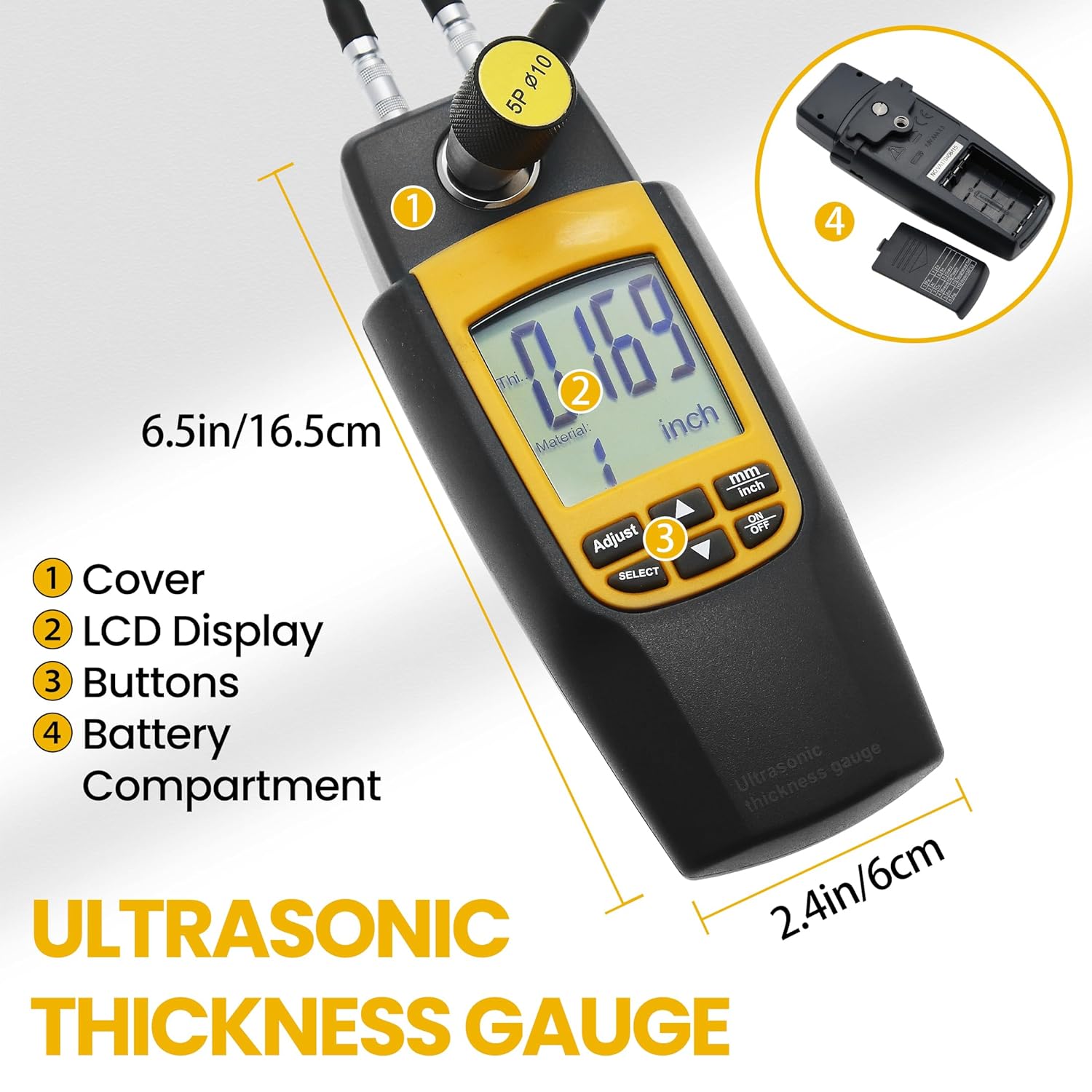 Digital Ultrasonic Thickness Meter Metal Thickness Gauge with Range 1.2mm~225mm Digital Thickness Gauge with 4 Digitals Digital Display for Metal Plastic Glass (Model AMA006)