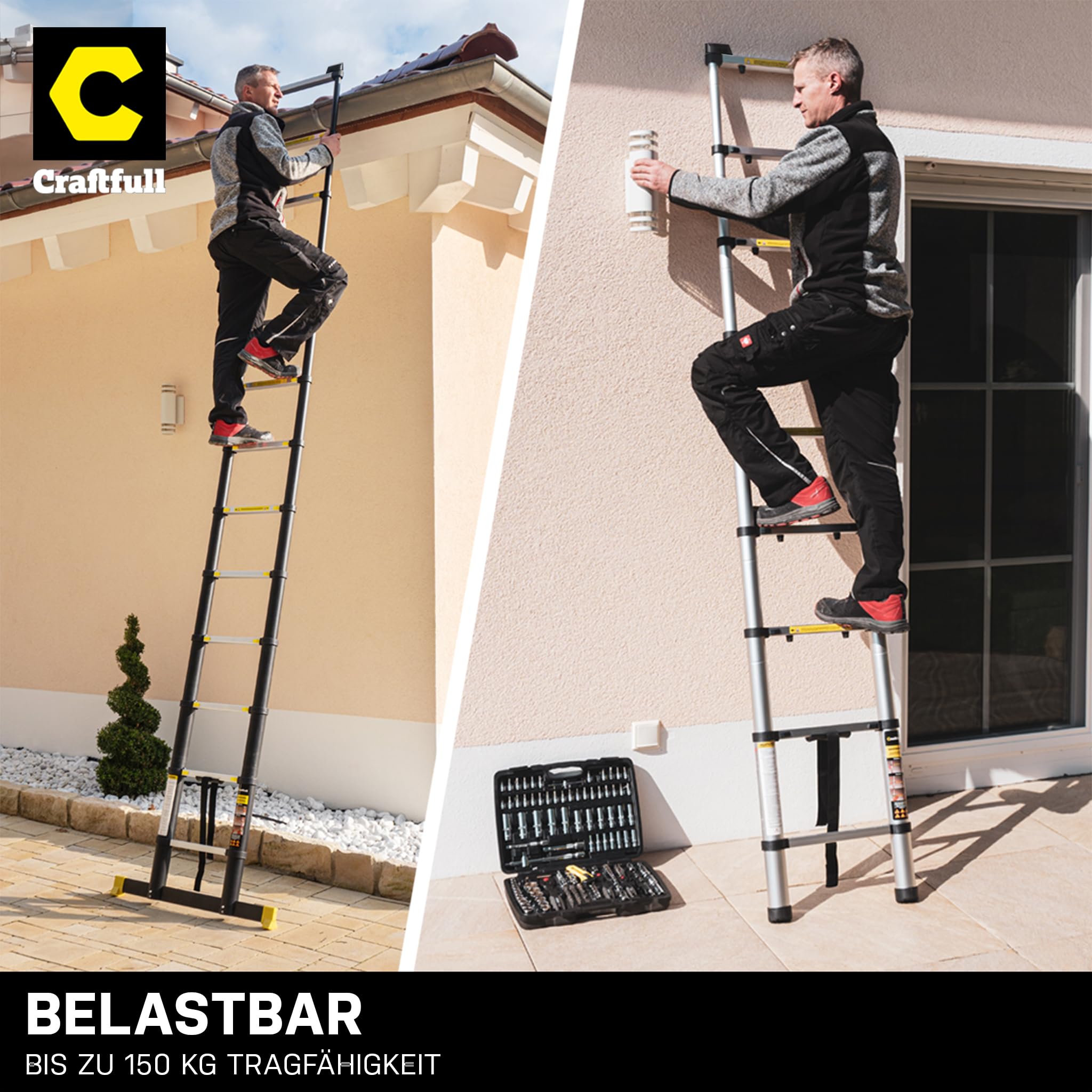 𝐂𝐑𝐀𝐅𝐓𝐅𝐔𝐋𝐋 Aluminium Teleskopleiter CF-101A | 𝟑 𝐉𝐀𝐇𝐑𝐄 𝐆𝐀𝐑𝐀𝐍𝐓𝐈𝐄 - Trittleiter - Leiter ausziehbar - Stehleiter - Ausziehleiter - Alu Anlegeleiter (2 Meter)