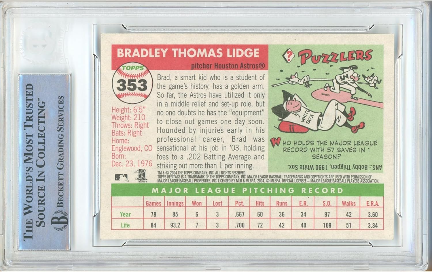 Brad Lidge Autograph 2004 Topps Heritage #353 Baseball Trading Card Slab Beckett BAS Authentic Slabbed COA Played For Houston Astros Memorabilia