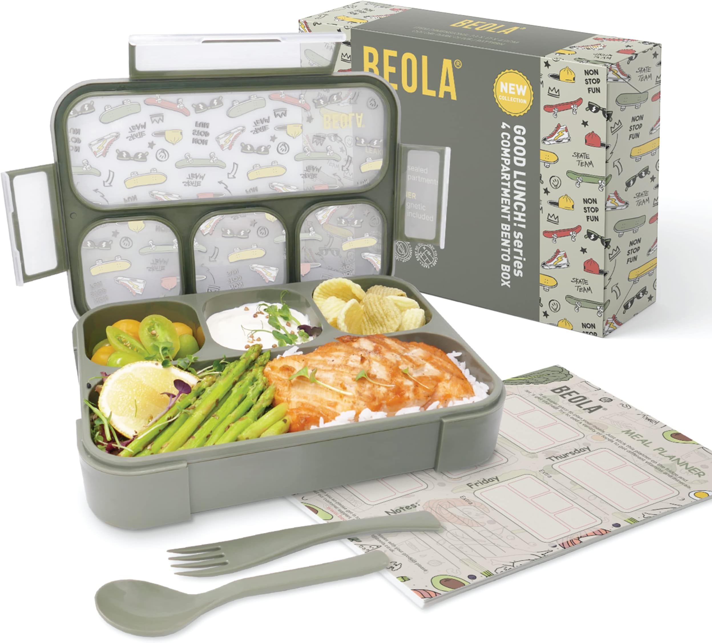 BEOLA Lunch Box for Kids Adults, Multi Compartment Lunch Bento with Magnetic Meal Planner, 3 or 4 Compartment Snack Box, BPA free, with Cutlery Set, (Dark Olive / Pattern) Lunch boxes & kids bottles