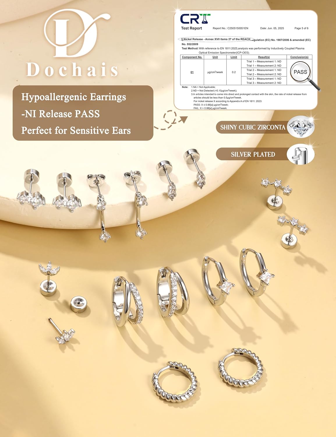 Dochais Hypoallergenic Flatback Stud Hoop 14K Gold Plated Earrings Stacks - Surgical Stainless Steel Earring Set Chain Cartilage Earrings - Small Ear Piercing Flat Back Earring for Women Trendy - Image 3