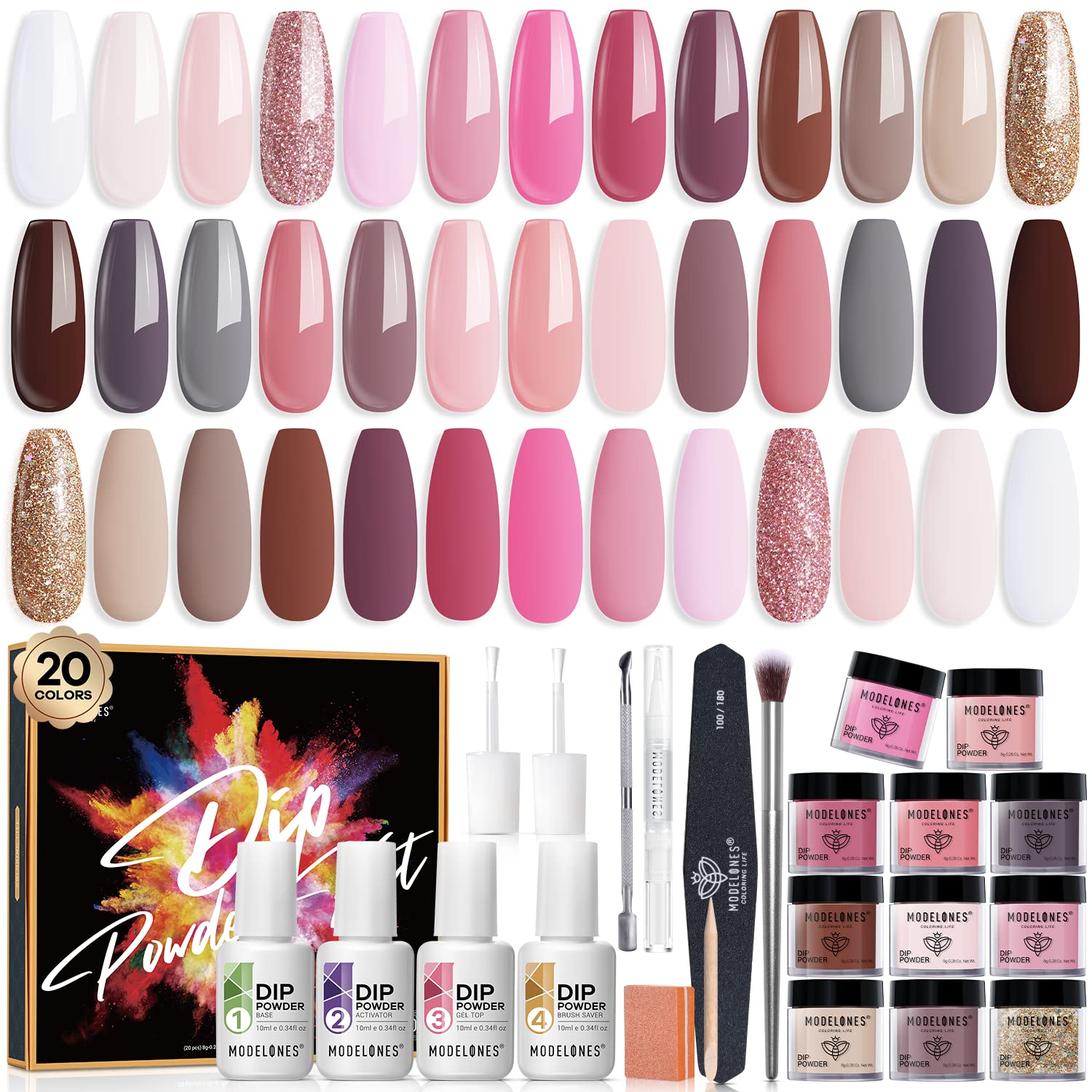 Modelones 32 Pcs Dip Powder Nail Kit Starter, 20 Colors Nude Pink Skin Tone Glitter All Seasons Dipping Powder Essential Liquid Set with Base Top Coat Activator for French Nail Art Manicure DIY Salon All-in-One Beginner Kit Gift