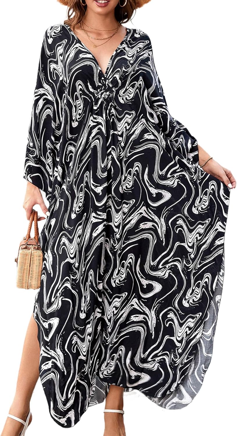 Kaftan Dresses for Women V-Neck Batwing Sleeves Swimsuit Beach Cover Ups Tie Dye Caftan Hawaiian Dress