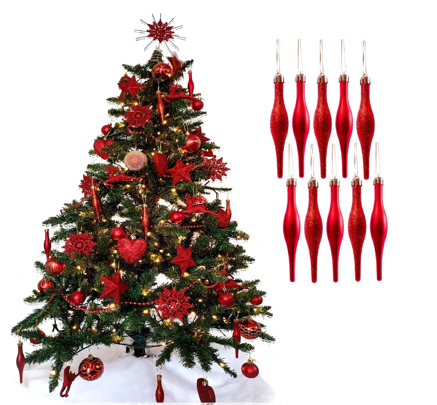 Simply Products 10 Droplet Baubles - Great Christmas Tree Decoration, Matte & Glitter Icicle Baubles (Red Glitter & Matte)