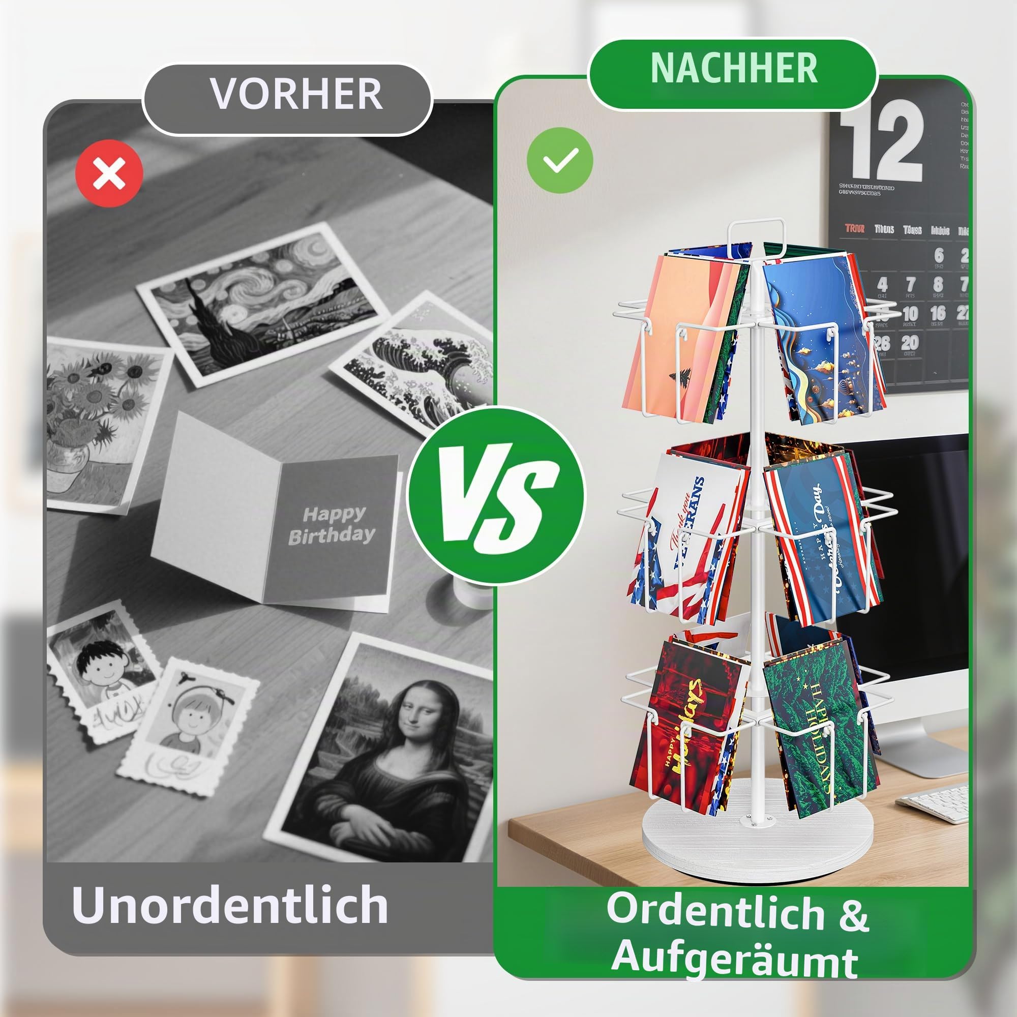 3-stöckiger drehbarer Grußkartenständer mit 12 Taschen, Metall-Grußkartenregal für Aufkleber, Fotokarte, Broschüren, Arbeitsplatte, Postkartenhalter, Präsentationsständer für Zuhause, Vitrine