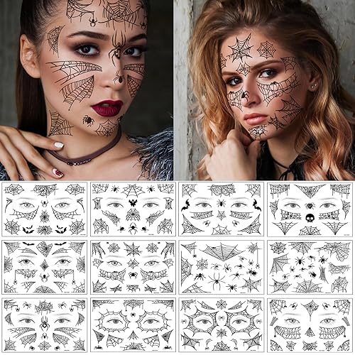 12 hojas de tatuajes faciales de Halloween, tatuajes temporales realistas de araña, brazo, espalda, muñeca, tatuajes de arte corporal, calcomanías