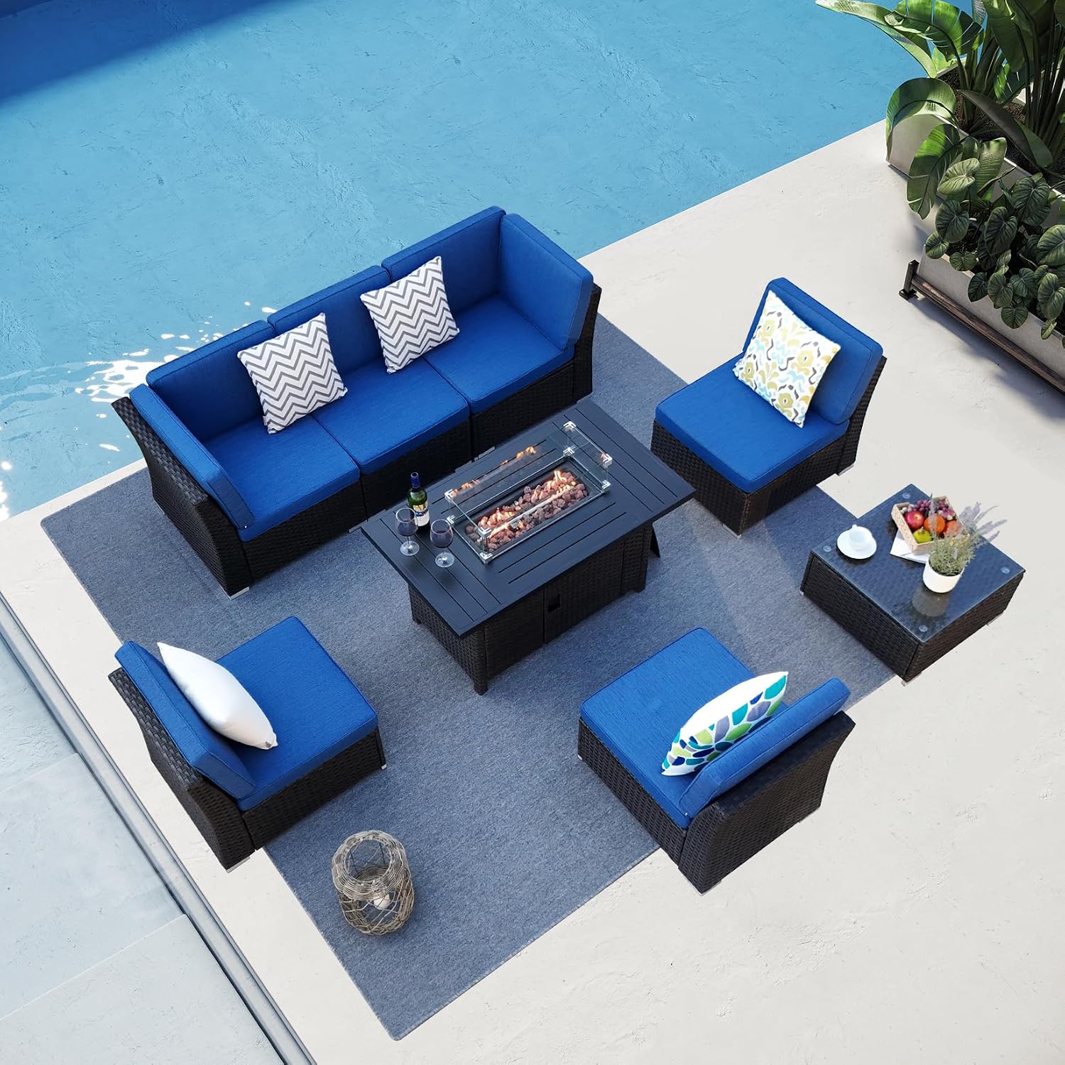8 Pieces Outdoor Patio Furniture Set with 46" Propane Fire Pit Table, Brown PE Wicker Patio Furniture Sectional Sofa, 55,000 BTU Auto-Ignition Firepit w/Glass Wind Guard