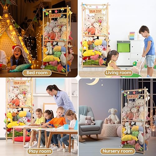 Miniatura 8 de Organizador de juguetes de peluche extra grande de 63 pulgadas para guardar objetos de madera, jaula de animales de peluche para niños, organizador