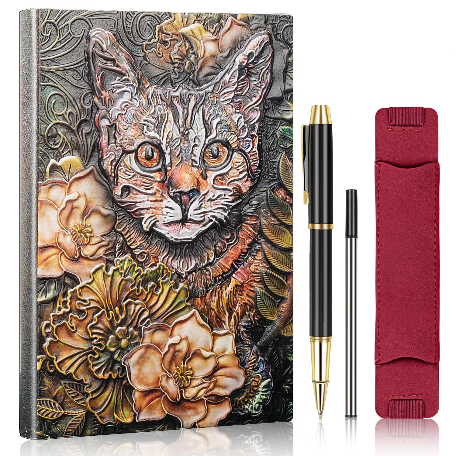 LongLongJin Vintage Cat 3D Embossed Leather Notebook A5 Travel Journal with Ballpoint Pen and Pen Refill，Pen Sleeve，Antique Handmade Daily Notepad
