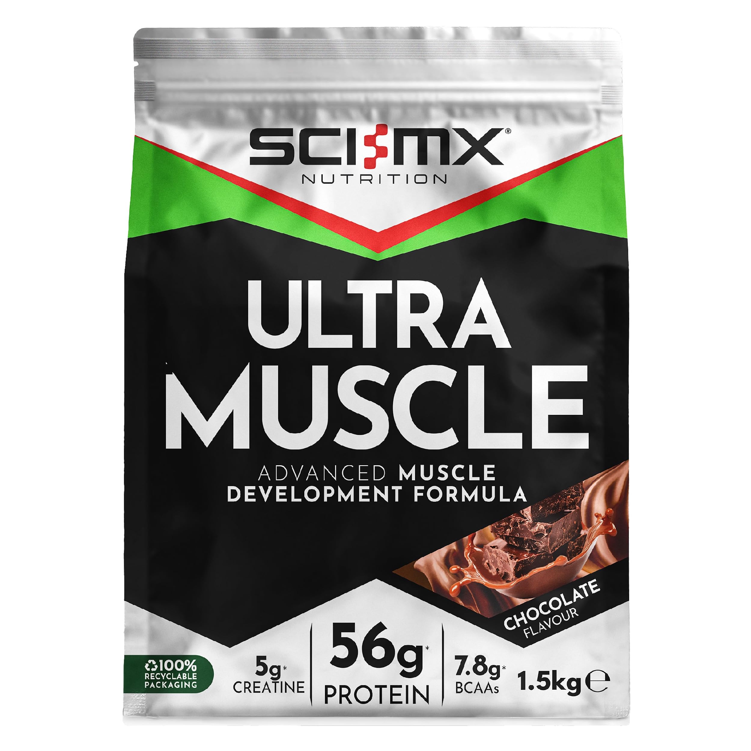 SCI-MX Ultra Muscle - Protein Powder for Muscle Development + 23 Vitamins & Minerals - Chocolate • 56g Protein + 5g Creatine + 7.8g BCAAs per Serving • 1.5kg