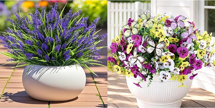 Geegoods 24 Bundles UV Resistant Faux Lavender Flowers and 18 Pcs Faux Pansies with Butterflies
