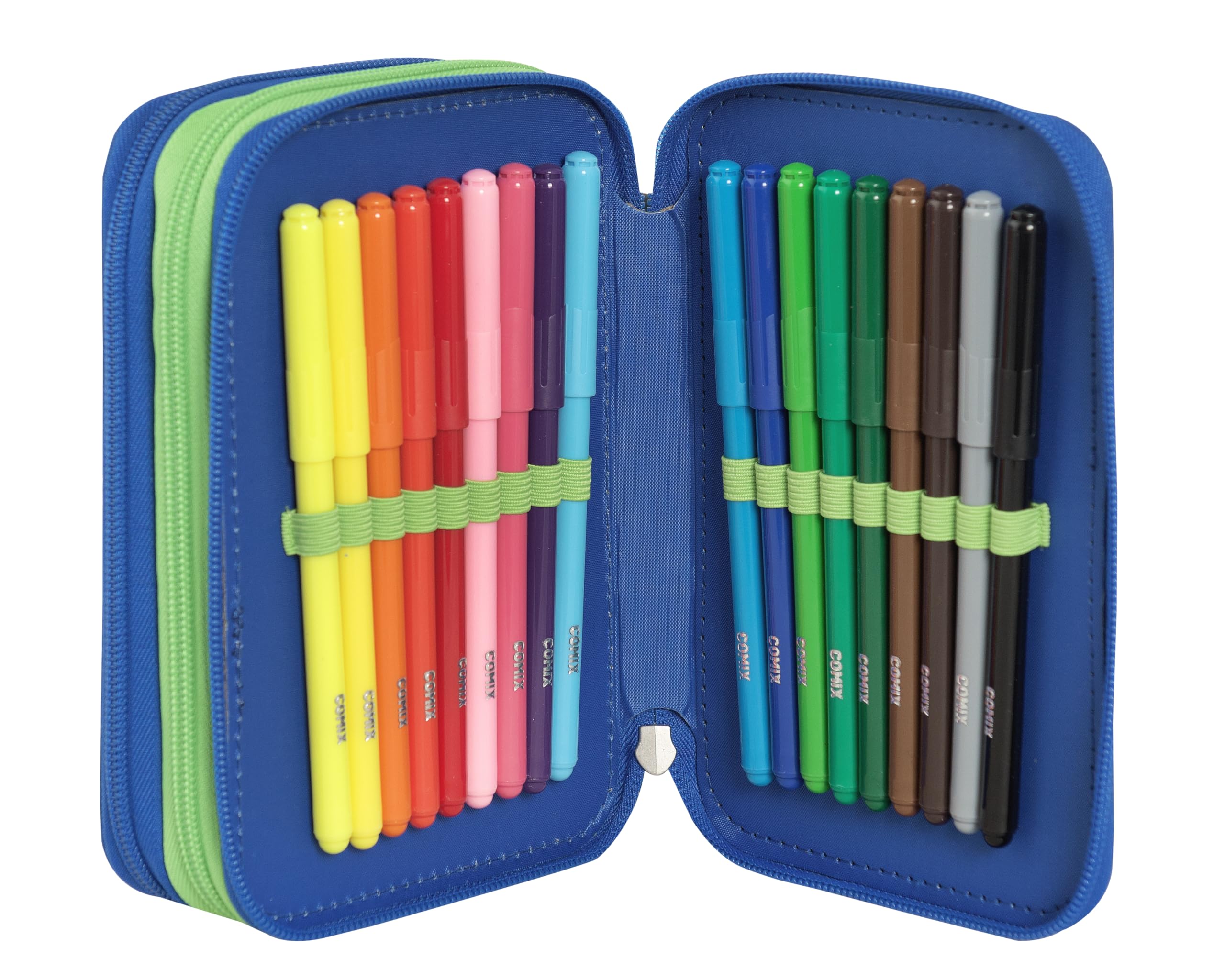 Comix Flash - Estuche Escolar con 3 Compartimentos para niños y niñas, con Juego de papelería Completo, 5 Etiquetas para el Nombre y prácticos Cierres de Cremallera, 13 x 20 x 7 cm, Enjoy Genius
