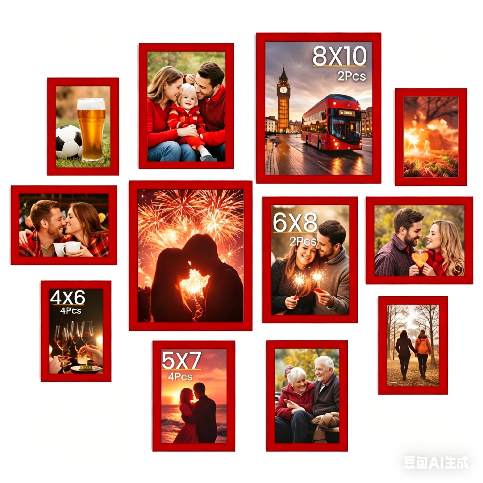 Feihorrm Red Picture Frames Set of 12, Photo Frames Multiple Pictures, Wall & Tabletop Collage Photo Frame, Multi Size Picture Frame Includes Four 4x6, Four 5x7, Two 6x8, Two 8x10