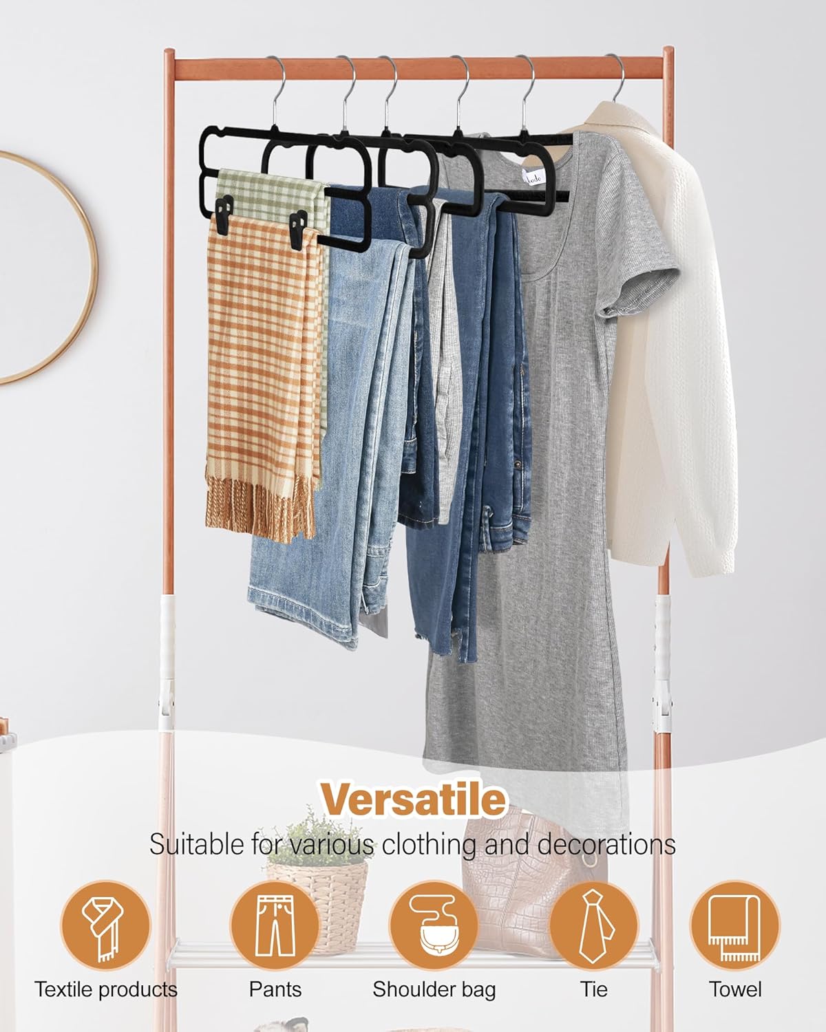 WJWSKI Velvet Pants Hangers with Double Non Slip Bar - with Adjustable Clips- Thin Space Saving Clothes Hanger - 360° Swivel Felt Trouser Hanger Perchas Terciopelo 10 Pack (Black)