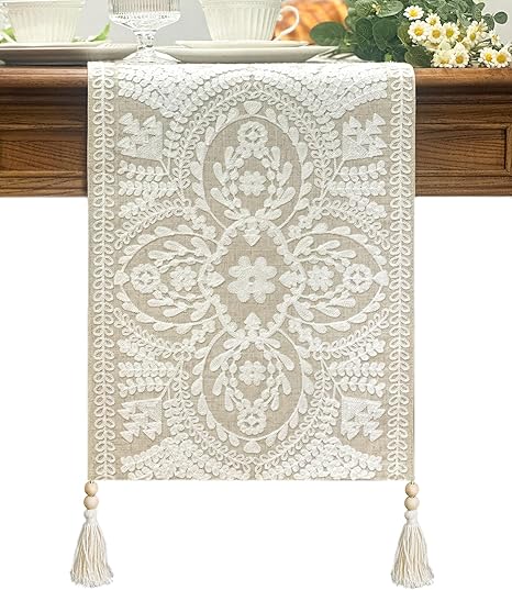 KEVA Rustic Linen Table Runner 72inches Long with Hand-Made Wooden Beads Tassel, Farmhouse Table Runners for Dining Table Decorations, Boho White Embroidered Vintage Table Runner 13 x 72 Inch